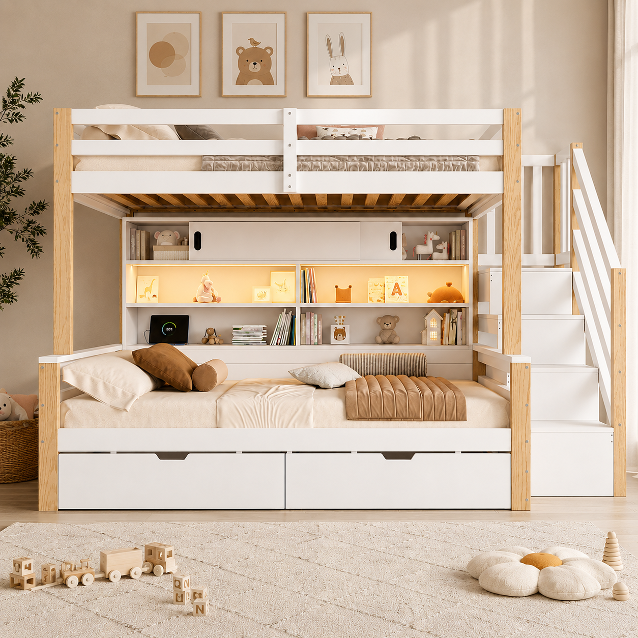 Lit superposé enfant avec escalier de rangement et rangements intégrés