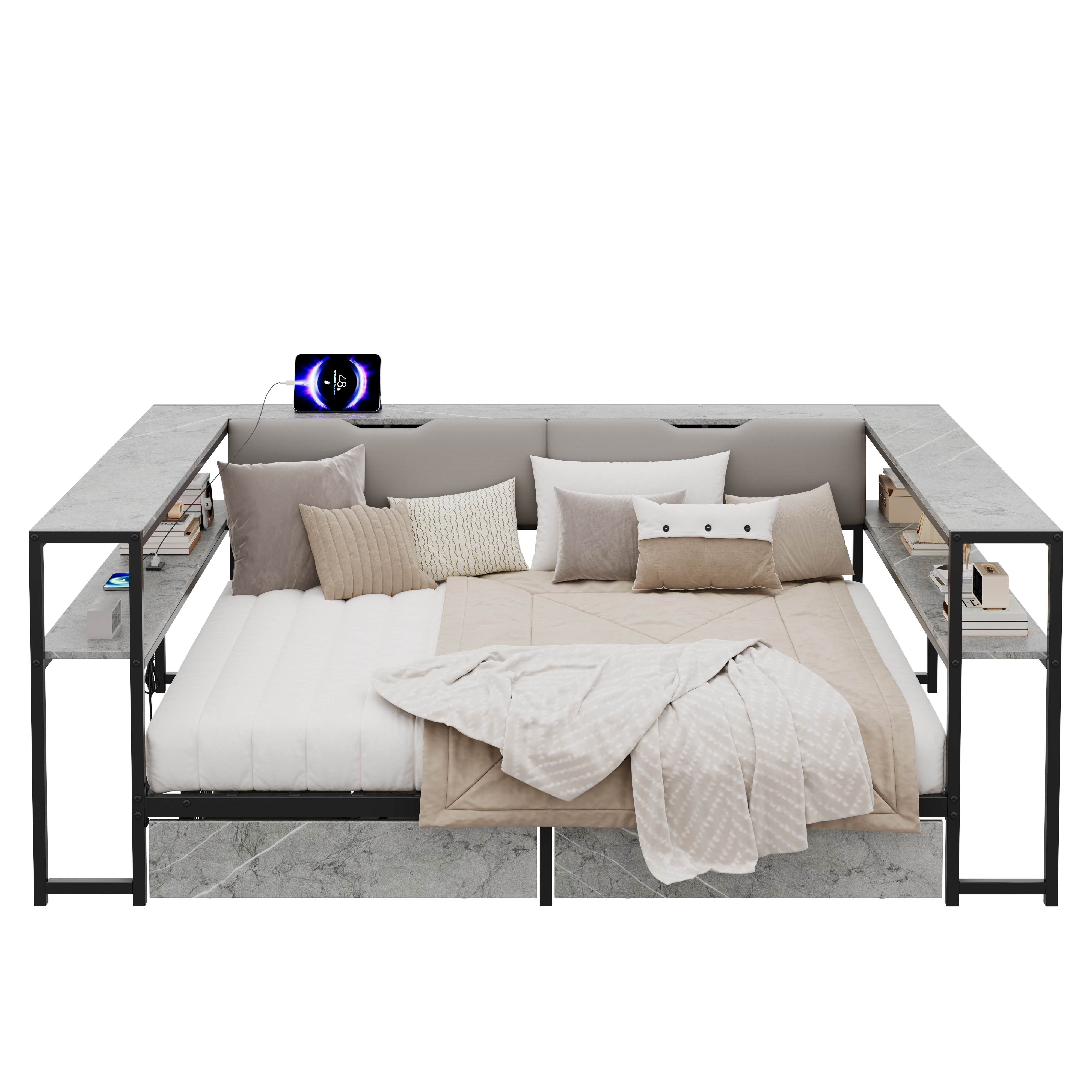 Lit jour 140x200 gris beton USB rangements