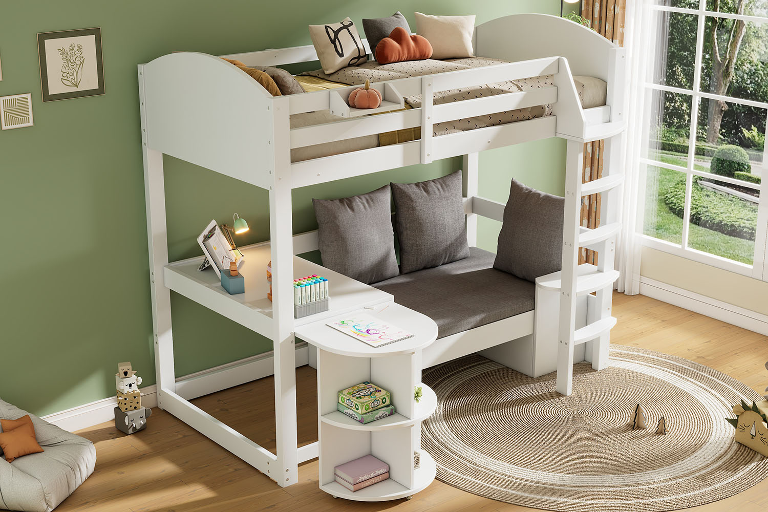 Lit mezzanine, extensible, rangement intégré, 206 x 98 x 181 cm, bois massif, blanc - vue 5
