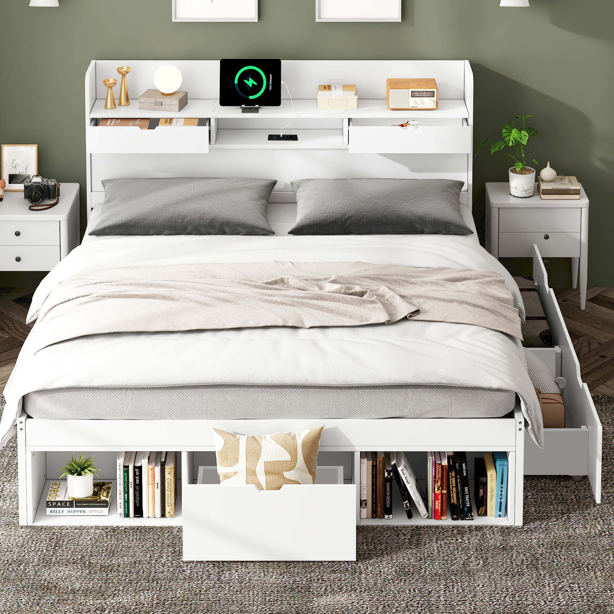 Doppelbett, 160*200cm, Mit USB-port & Schubladen &