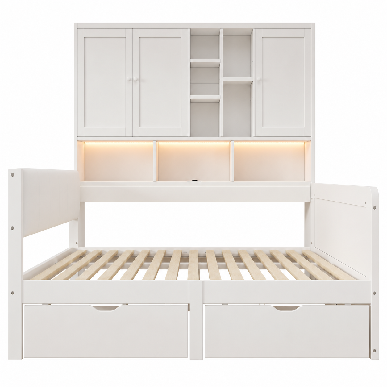 Lit gigogne 140 x 200 cm avec toboggan, LED, ports de charge, rangements, MDF, Blanc - vue complémentaire