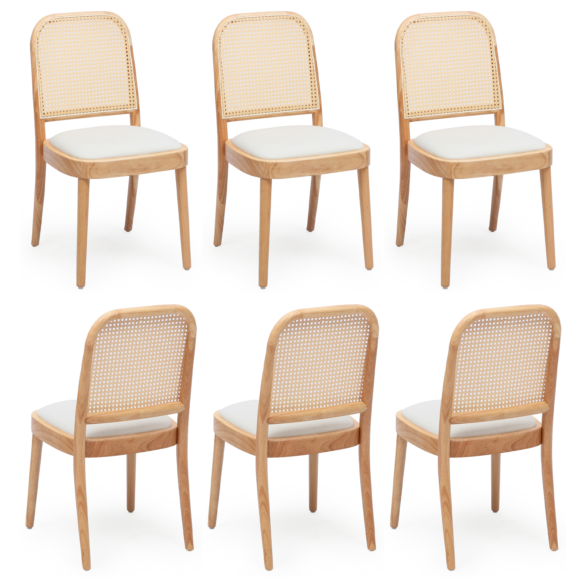 Chaise de salle à manger, lot de 6, détails en rotin, 52 x 45 x 84 cm, bois massif, bois naturel - vue 6