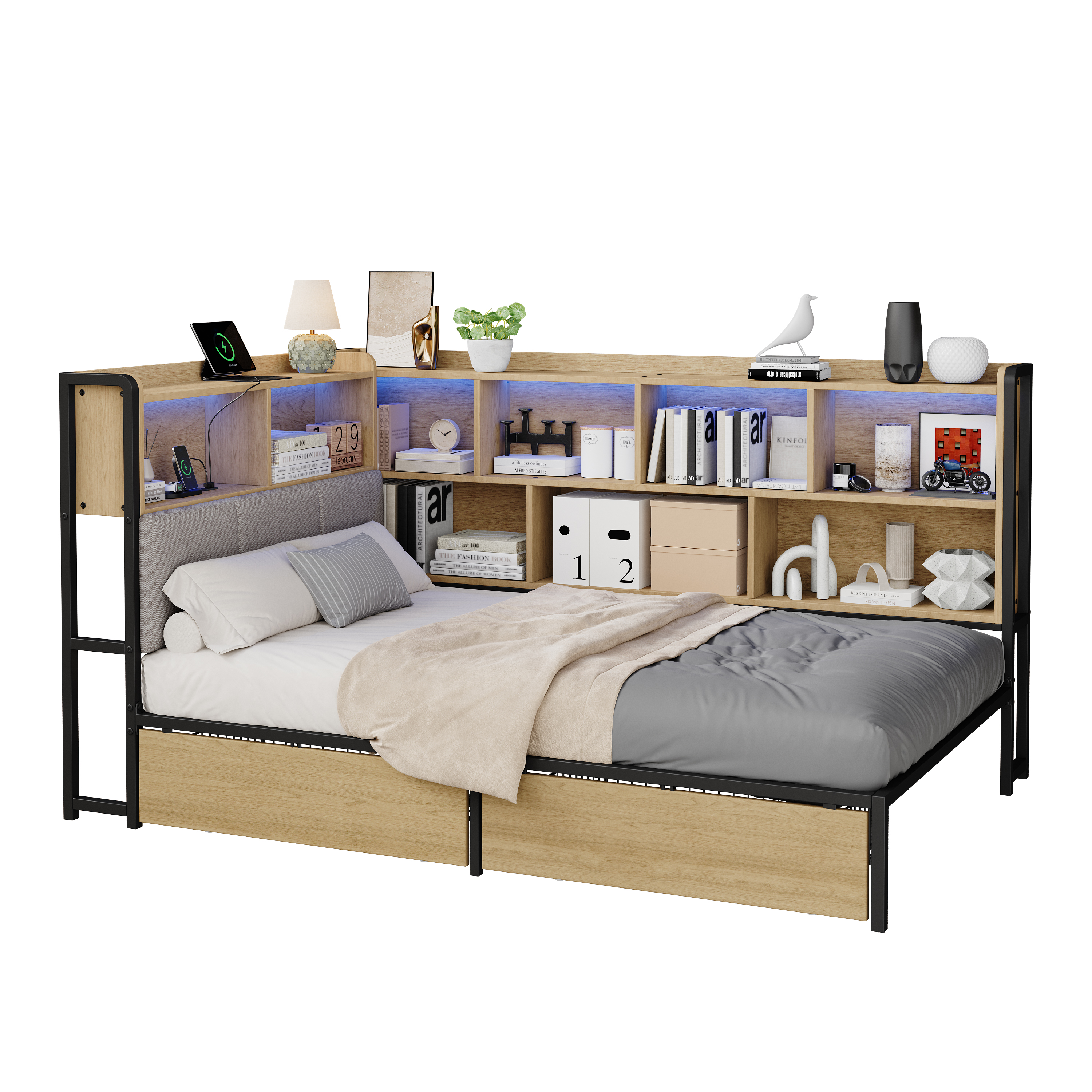 Lit jour 90x200 naturel LED USB tiroirs