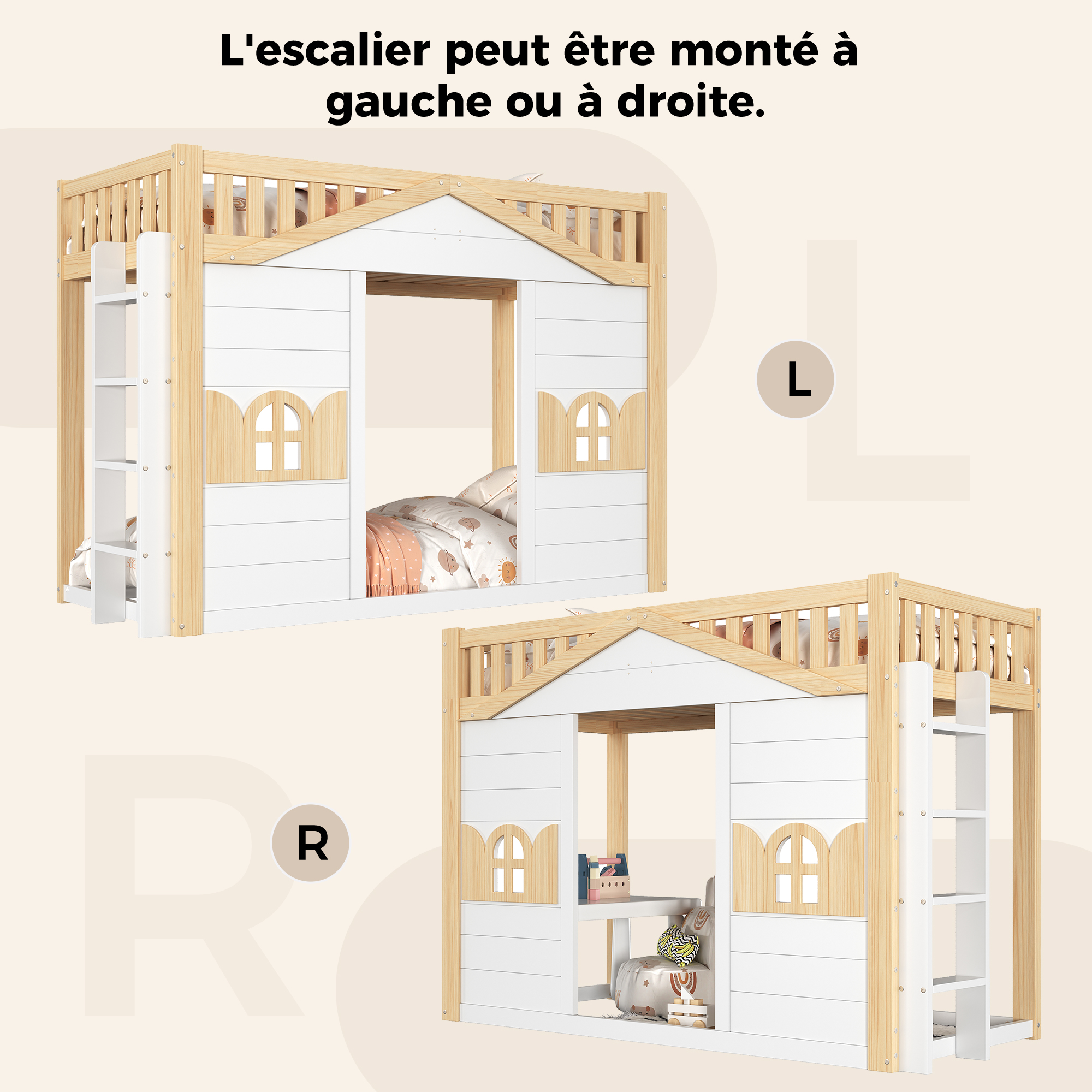 Lit mezzanine enfant 90 x 200 cm style maison blanc et bois naturel