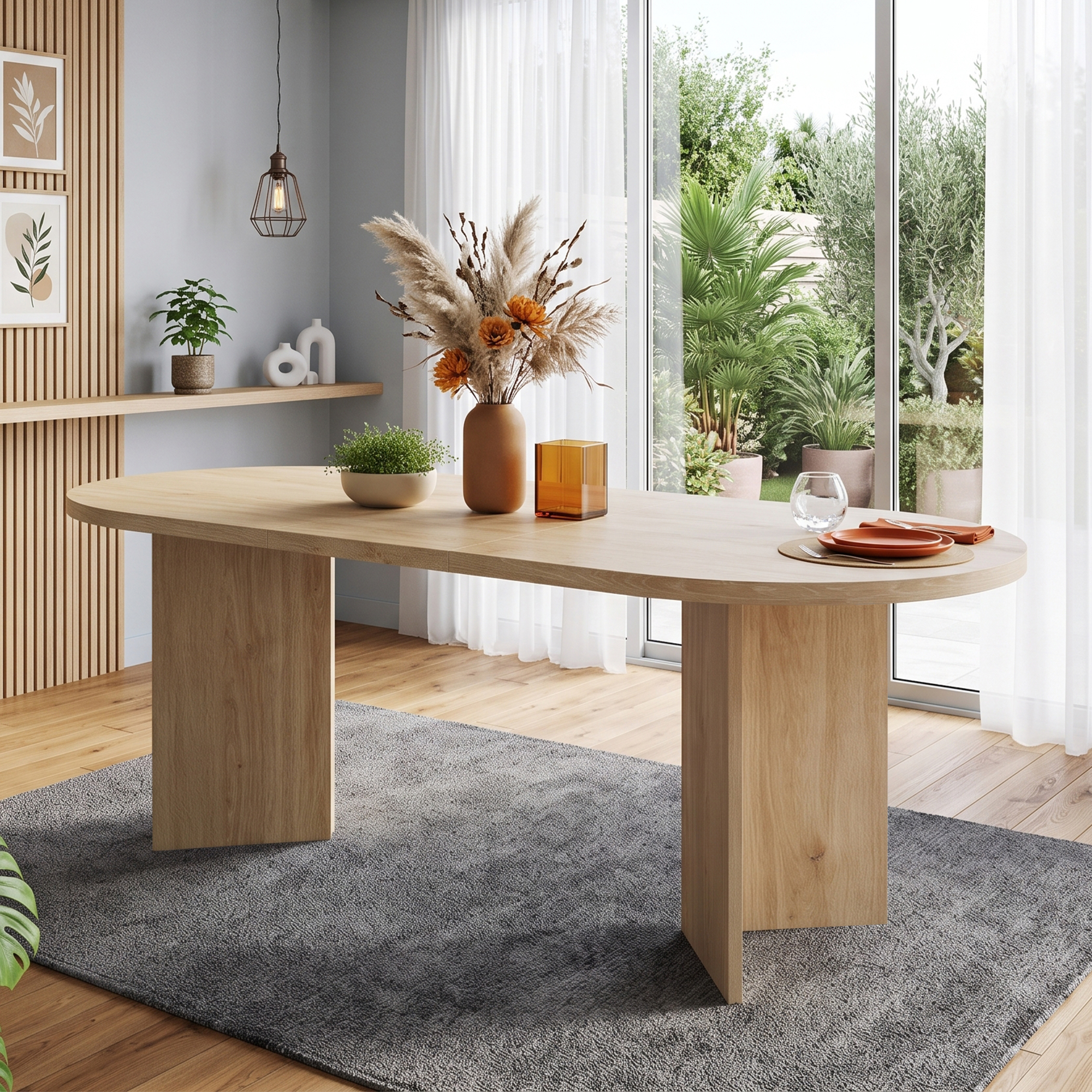 Table effet chêne dans une pièce de vie