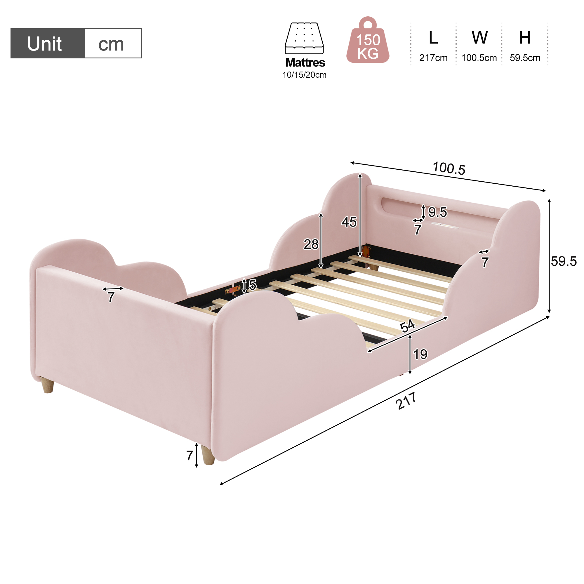 Dimensions lit enfant 217x100.5x59.5 cm
