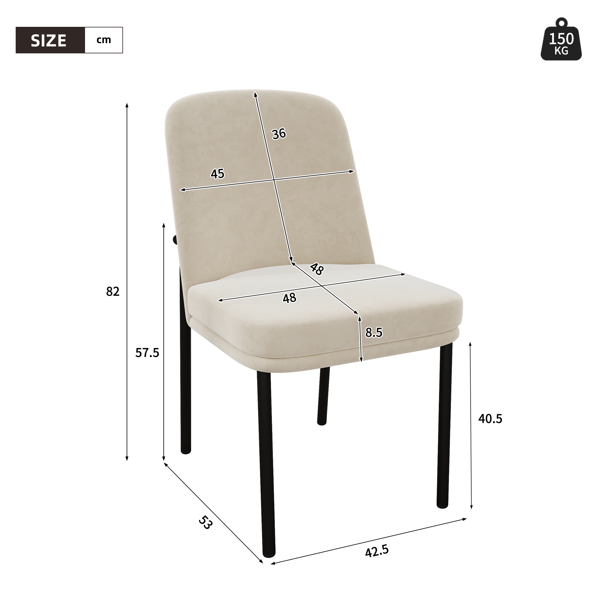 Chaise de salle à manger, lot de 6, 42,5 x 53 x 82 cm, métal et velours, noir - vue 2