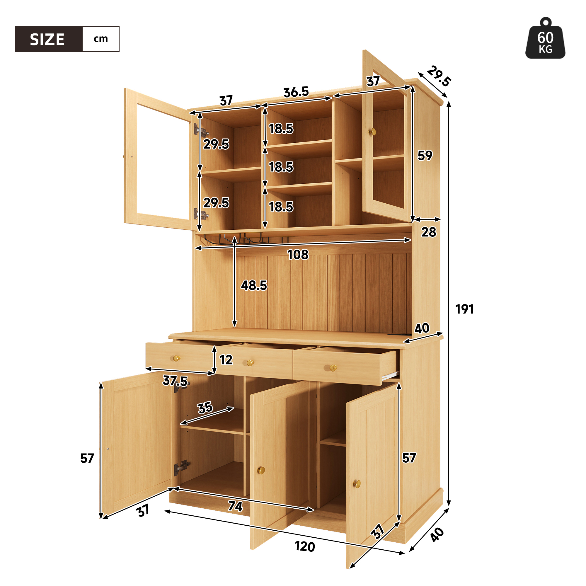 Buffet, ports USB, prises et recharge intégrées, éléments en verre, 120 x 40 x 191 cm, panneaux de particules et verre, bois naturel - vue 8