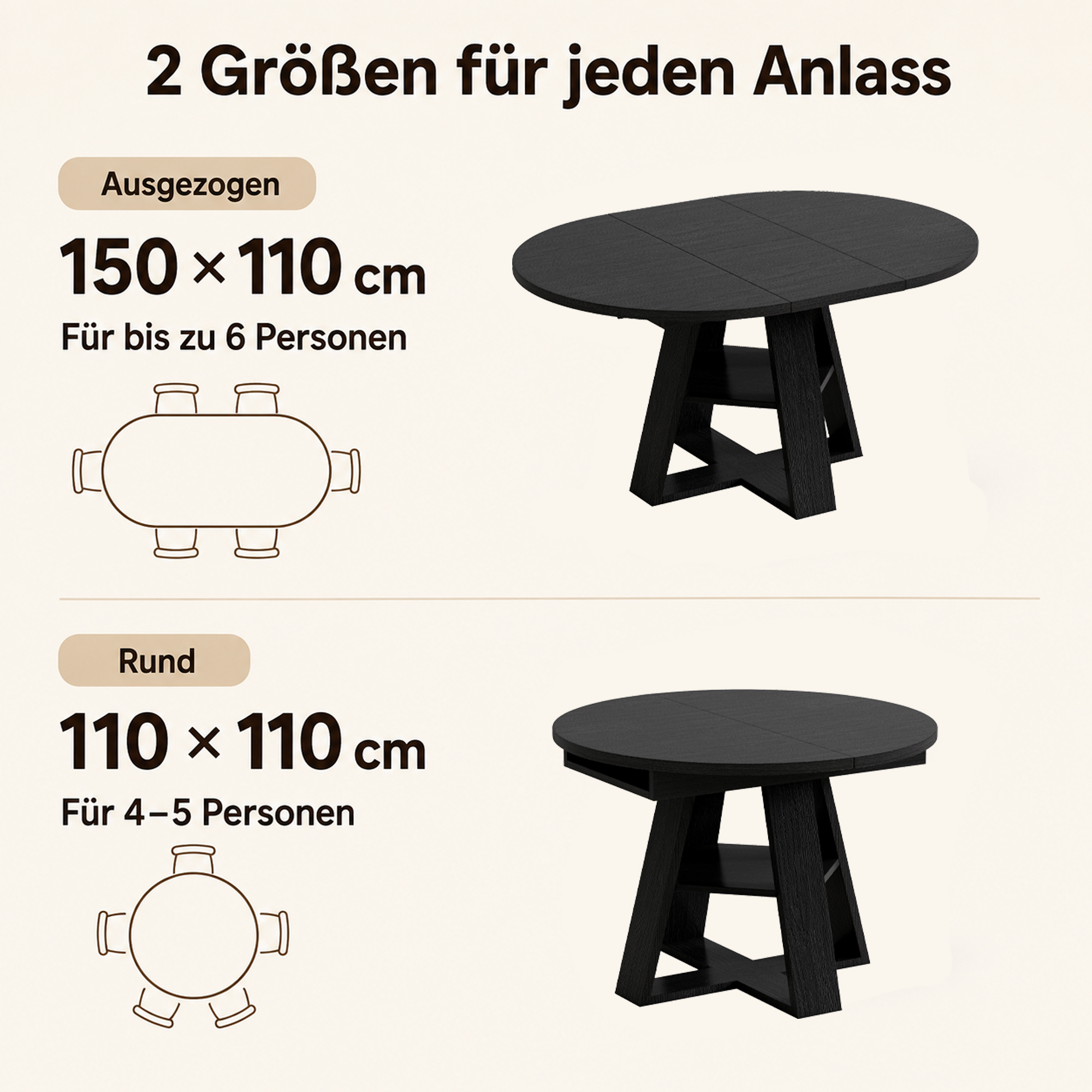 Table à manger, rond, 150 x 110 x 75 cm, bois, noir - vue 5