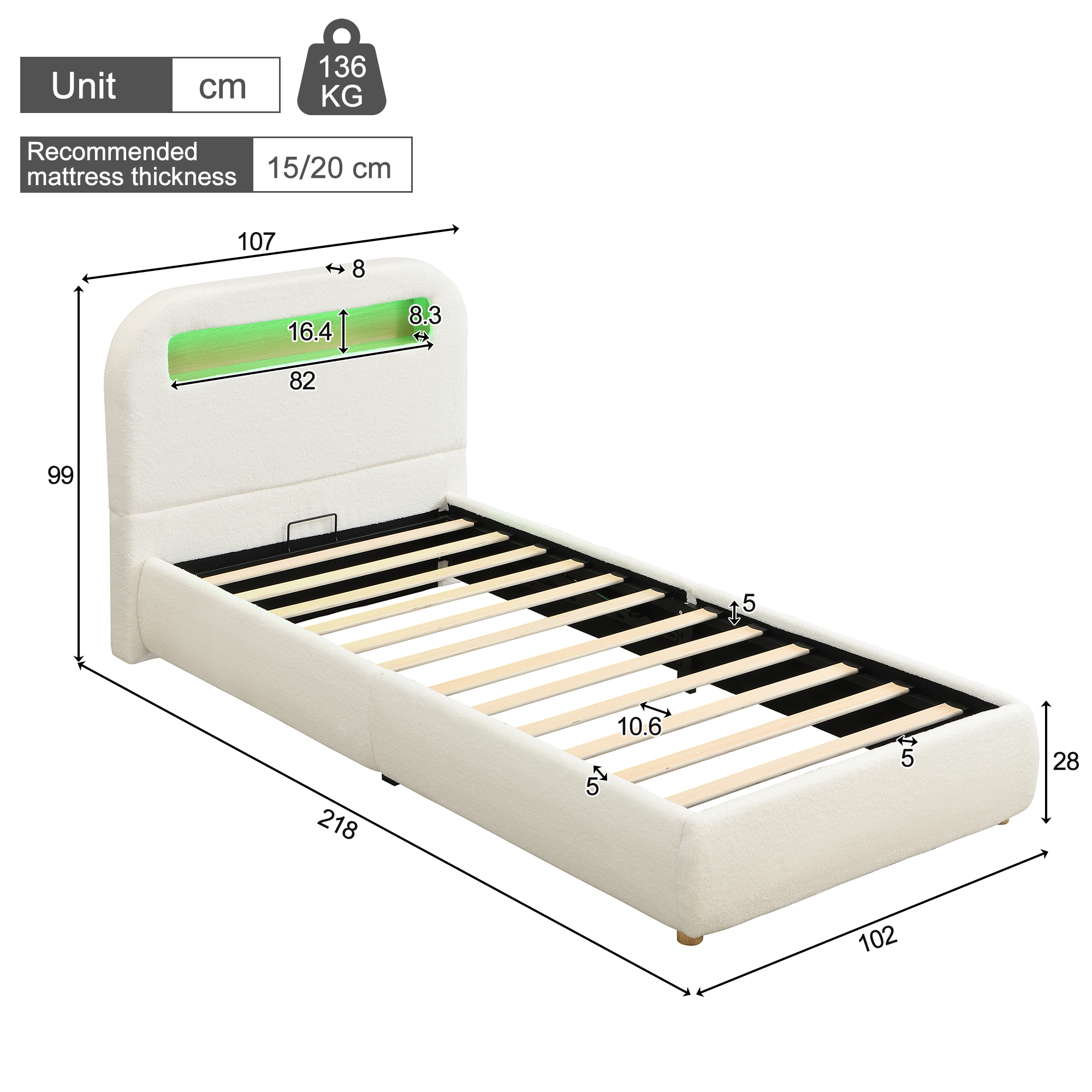 Dimensions lit simple 90x200 blanc bouclé