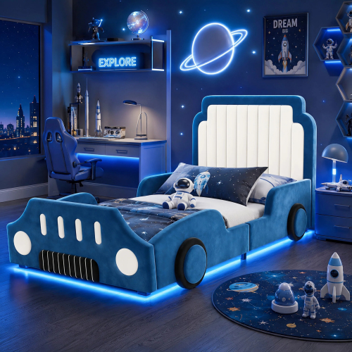 Lit enfant voiture bleu 90x200 cm