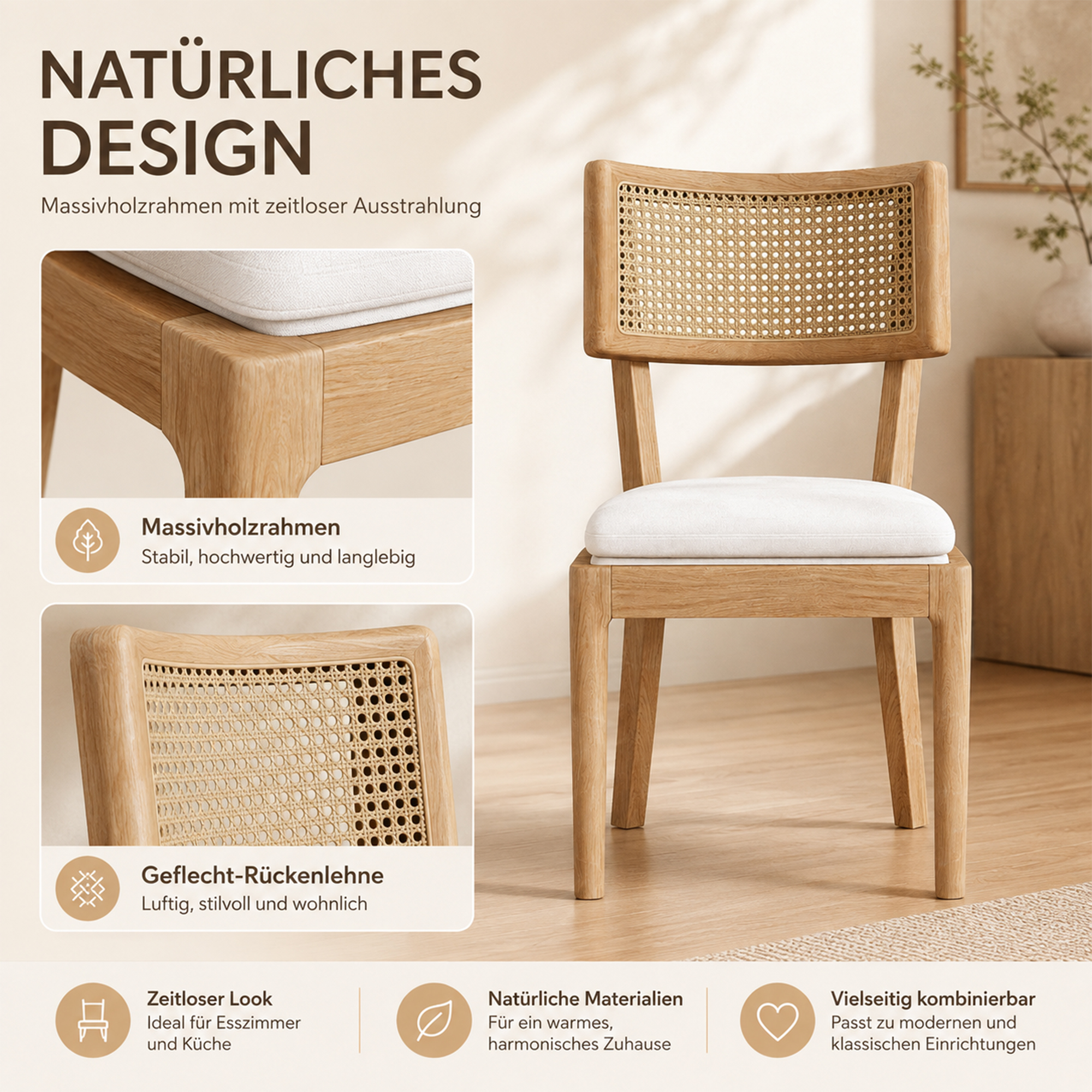 Chaise de salle à manger, lot de 6, détails en rotin, 50 x 58 x 88 cm, bois massif et rotin, bois naturel - vue 2