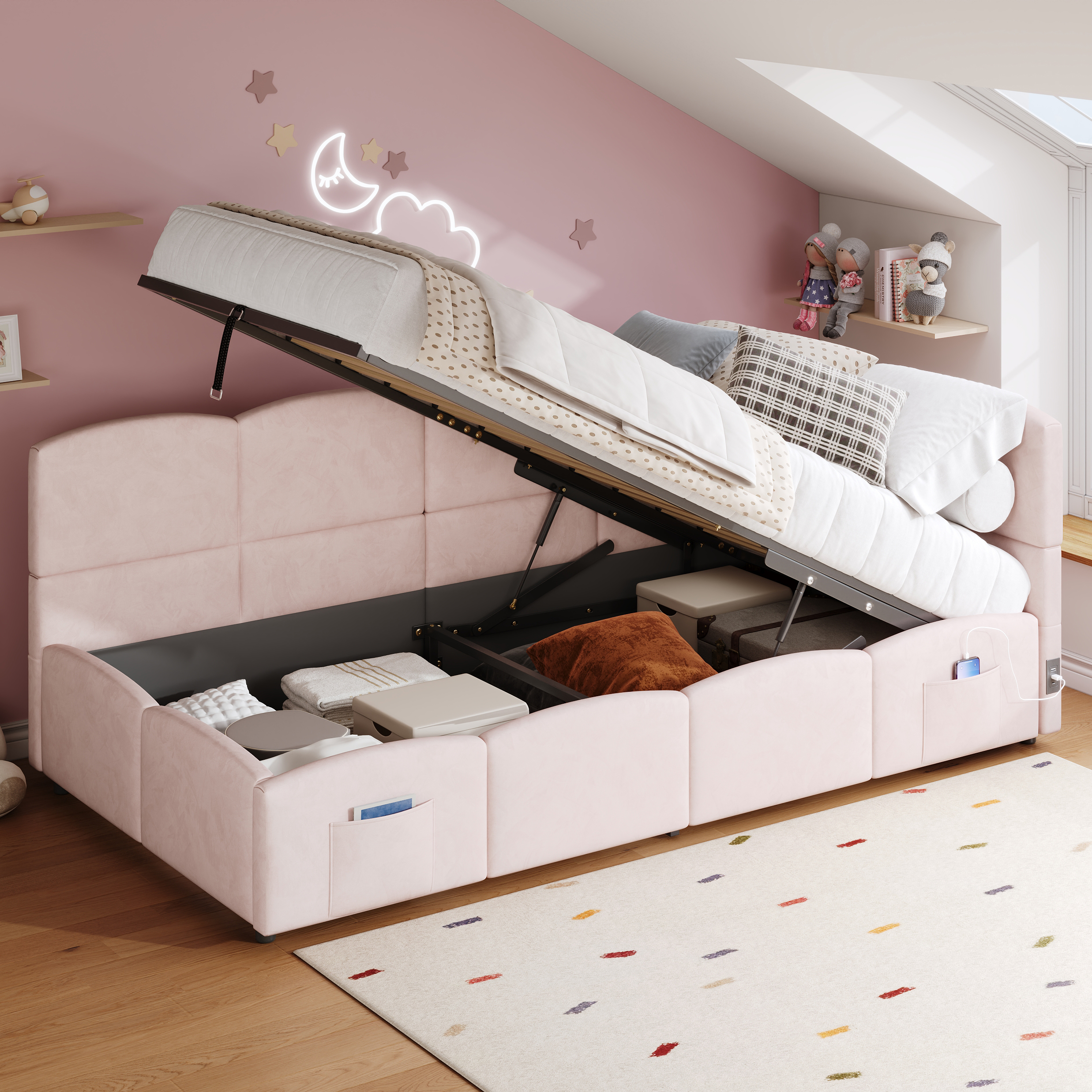 Polsterbett, Kinderbett,Einzelbett, Stauraumbett, 