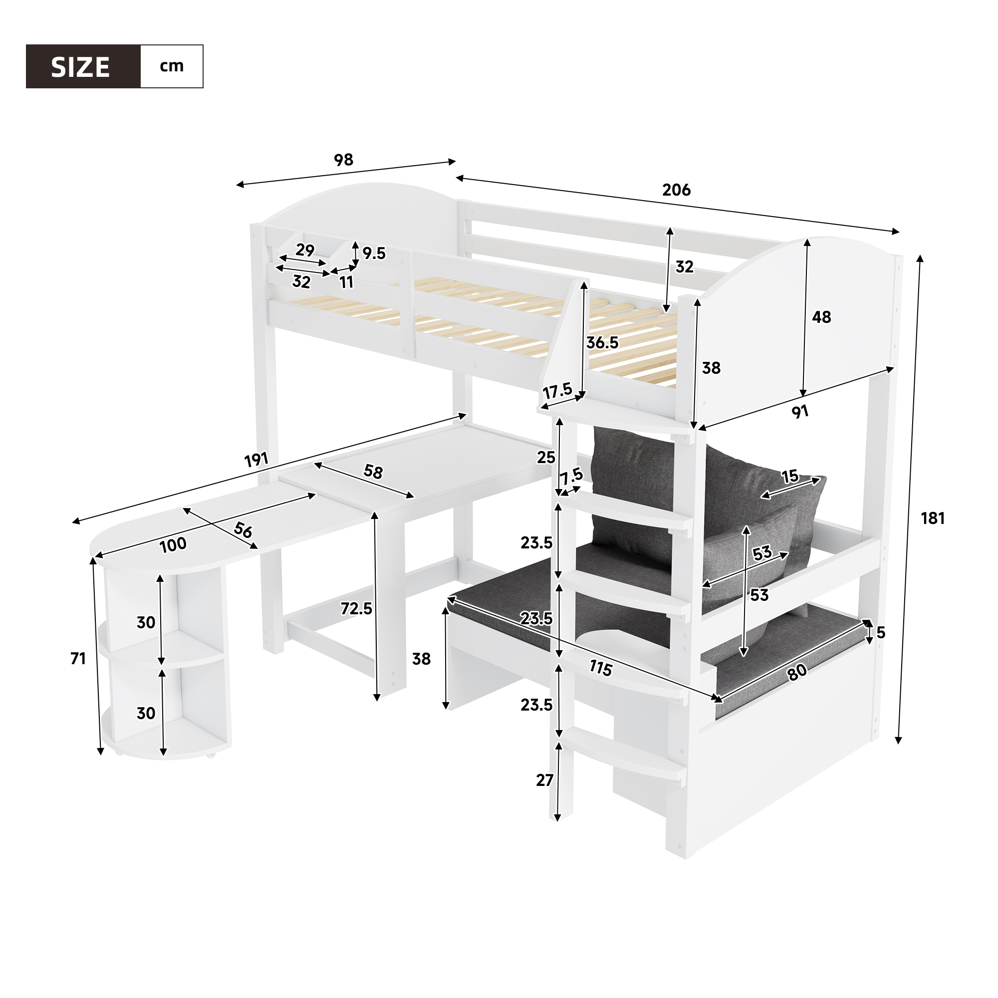 Dimensions lit mezzanine 90x200cm