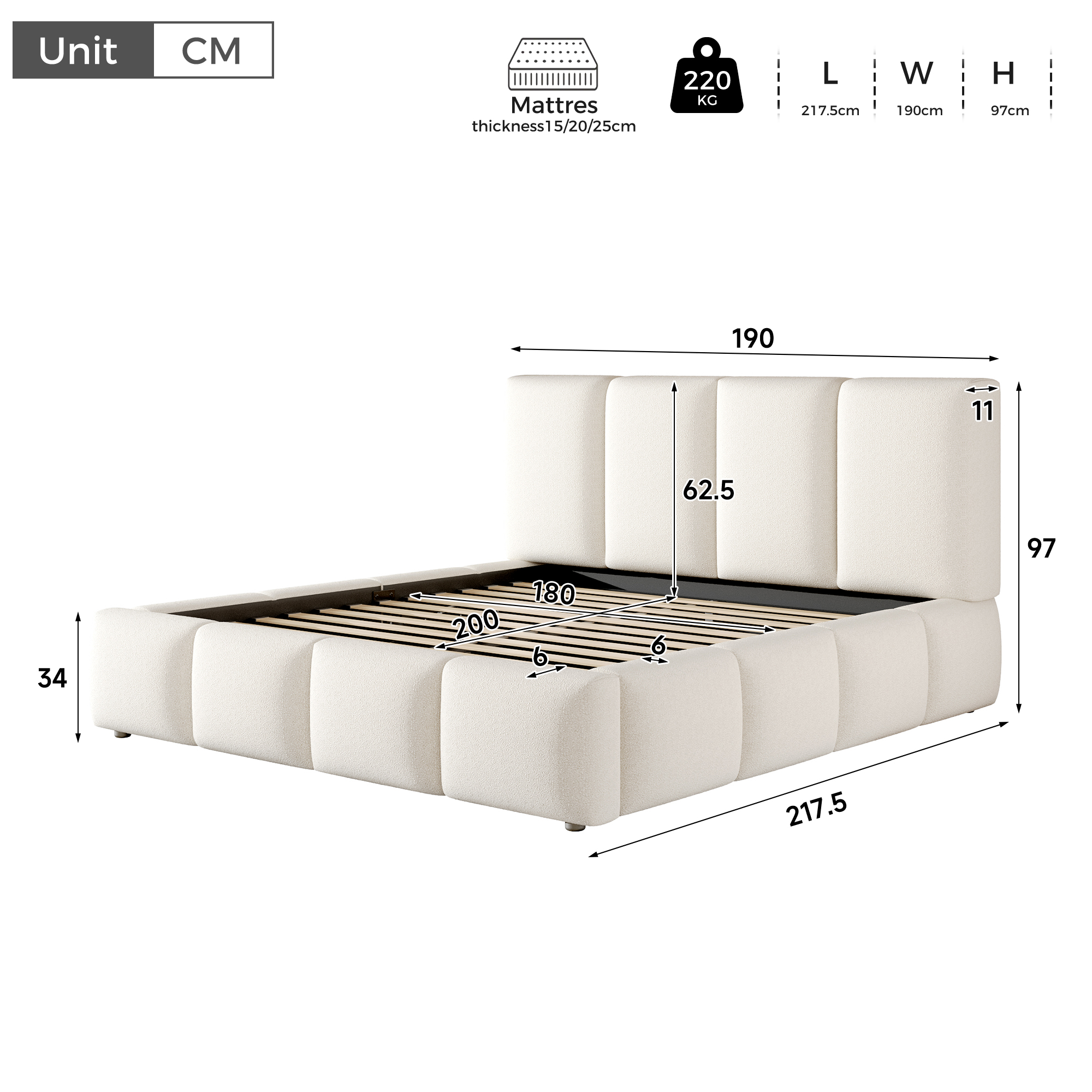 Fonctions de lit coffre 180x200 cm blanc en bouclé avec rangement hydraulique LED et tête de lit rembourrée