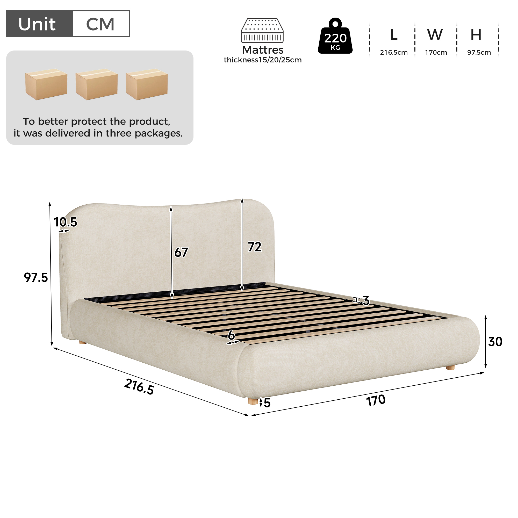 Fonctions de lit coffre 160x200 cm beige en bois avec rangement hydraulique LED et tête de lit rembourrée