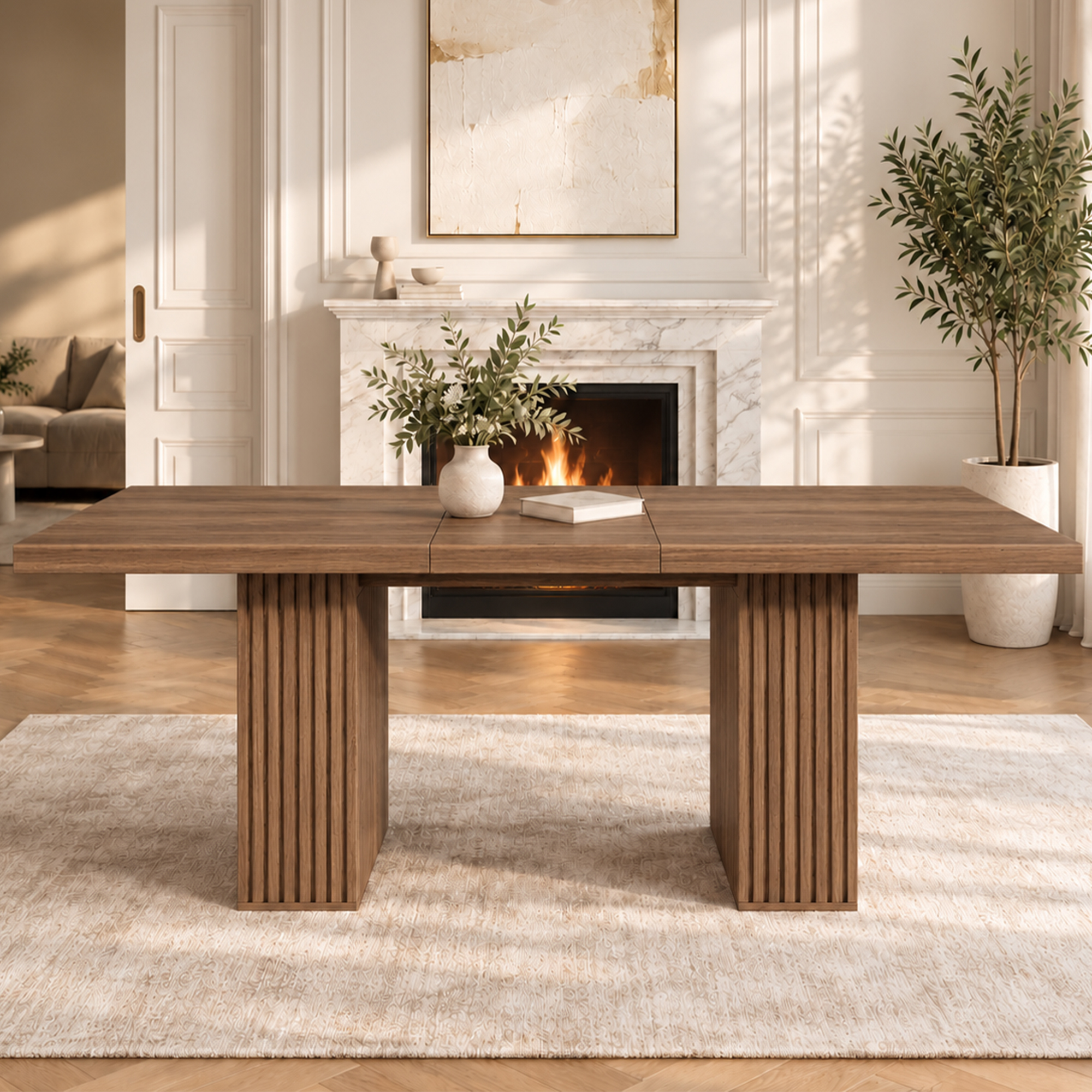 Piètement rainuré de la table effet noyer