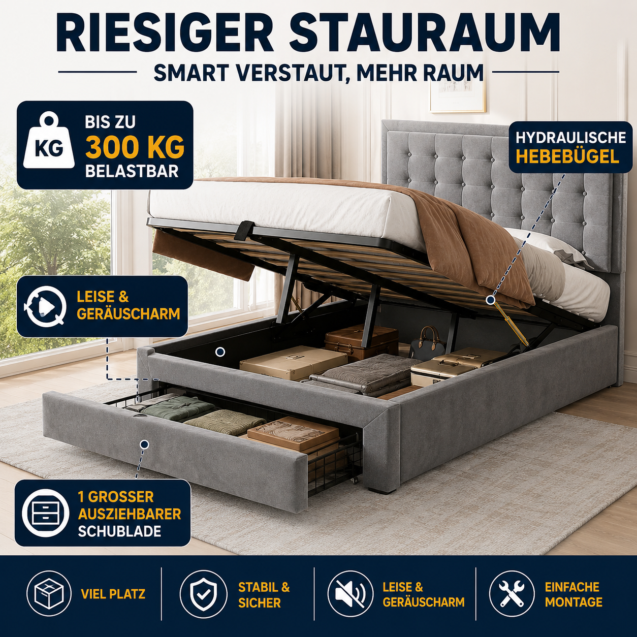 Bett mit Kasten und Schubladen, Samtstoff, Polster