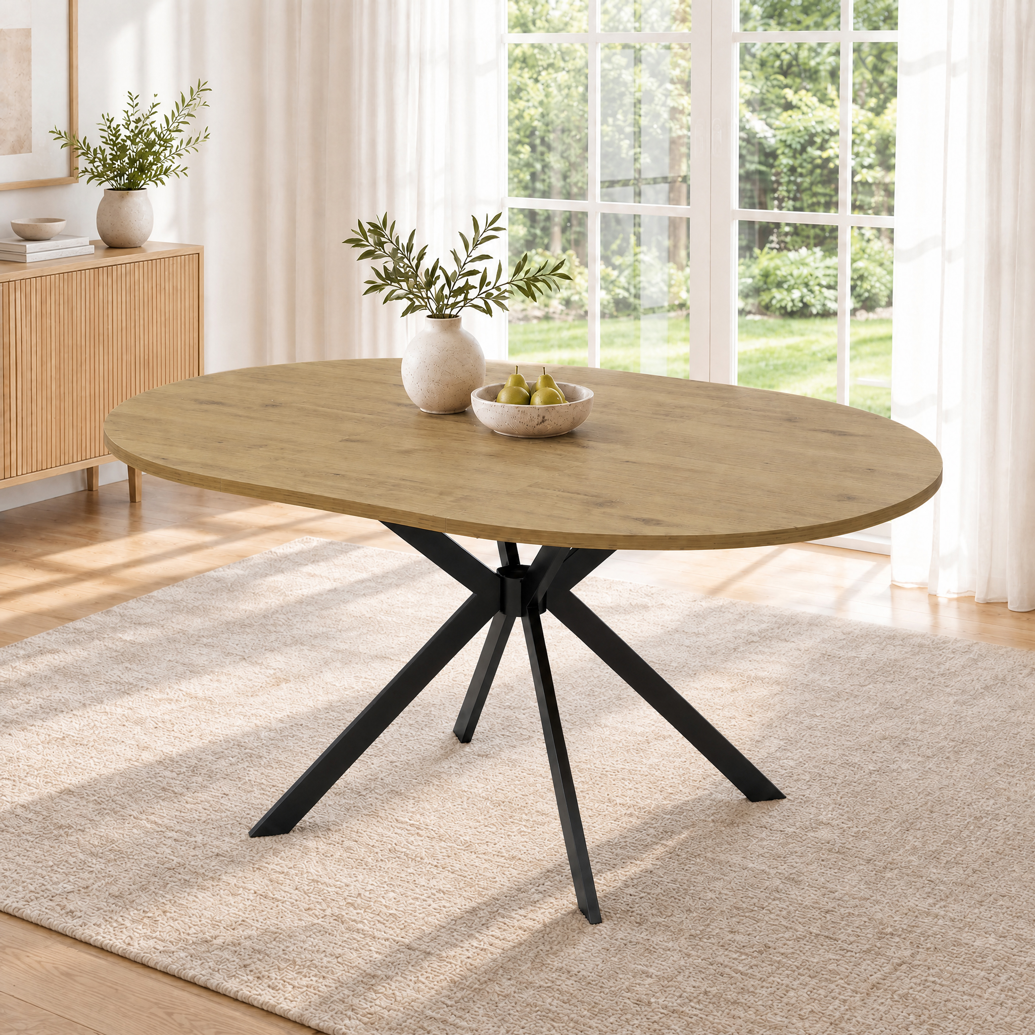 Table effet bois avec plateau ovale