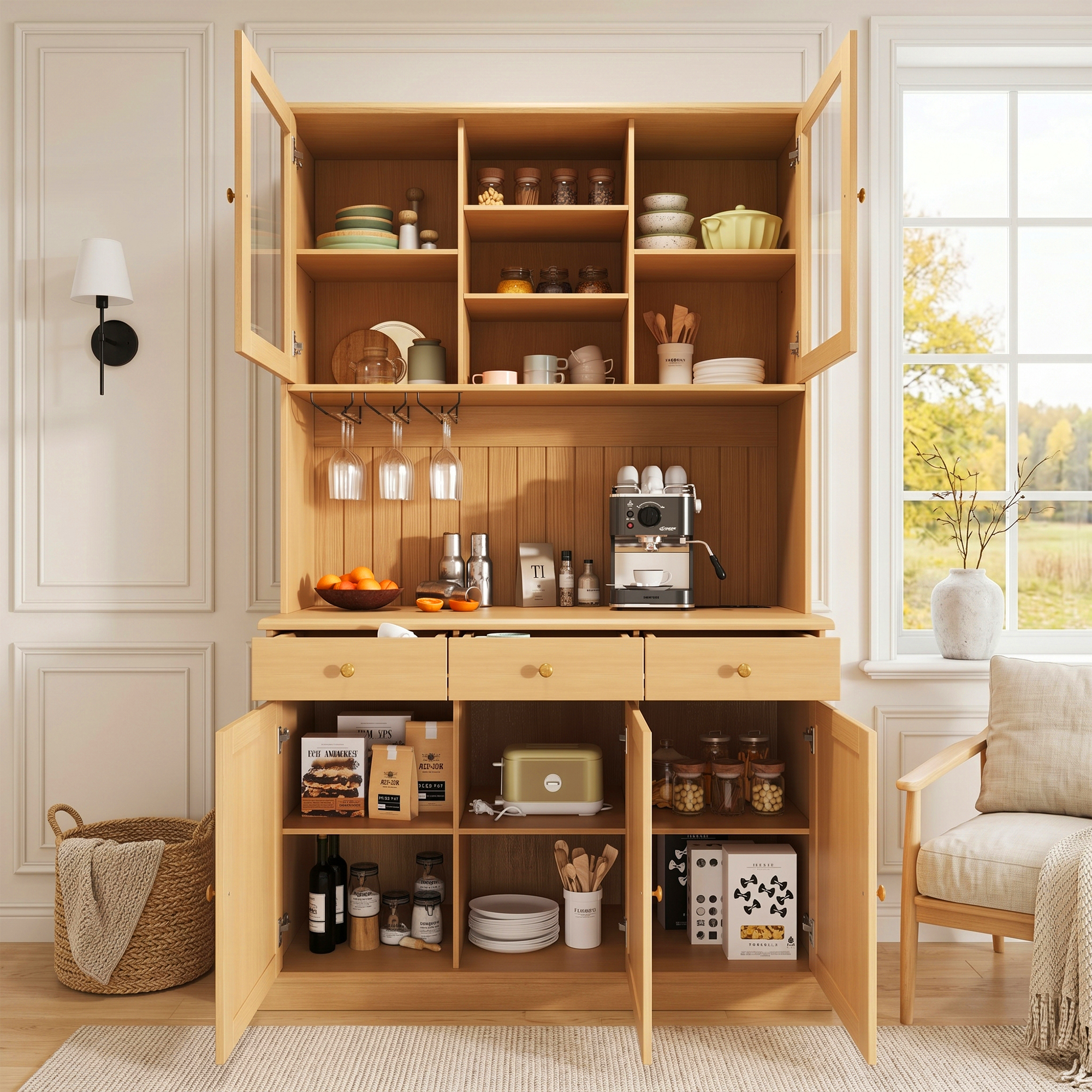 Buffet, ports USB, prises et recharge intégrées, éléments en verre, 120 x 40 x 191 cm, panneaux de particules et verre, bois naturel - vue 7