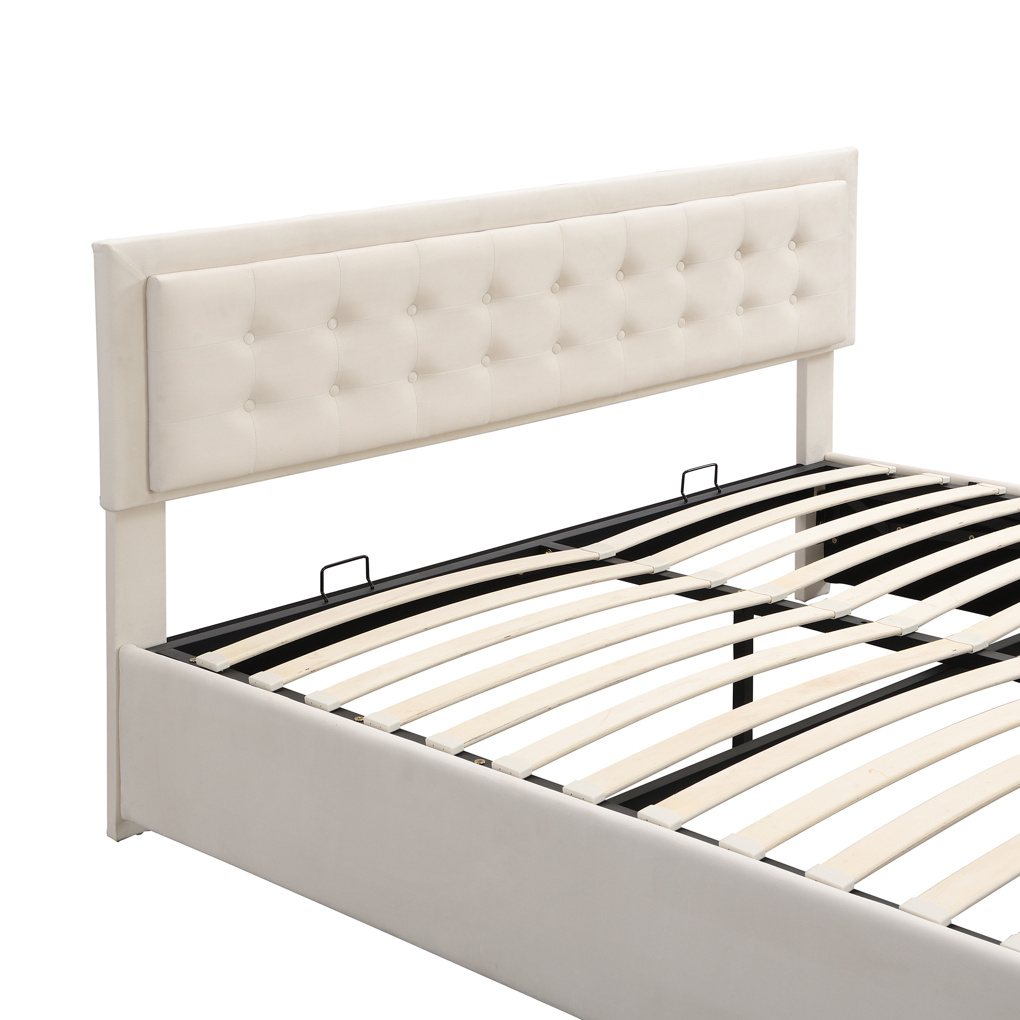 Présentation de Lit coffre rembourré en velours 180 x 200 cm avec rangement hydraulique, tiroirs et sommier à lattes, Beige
