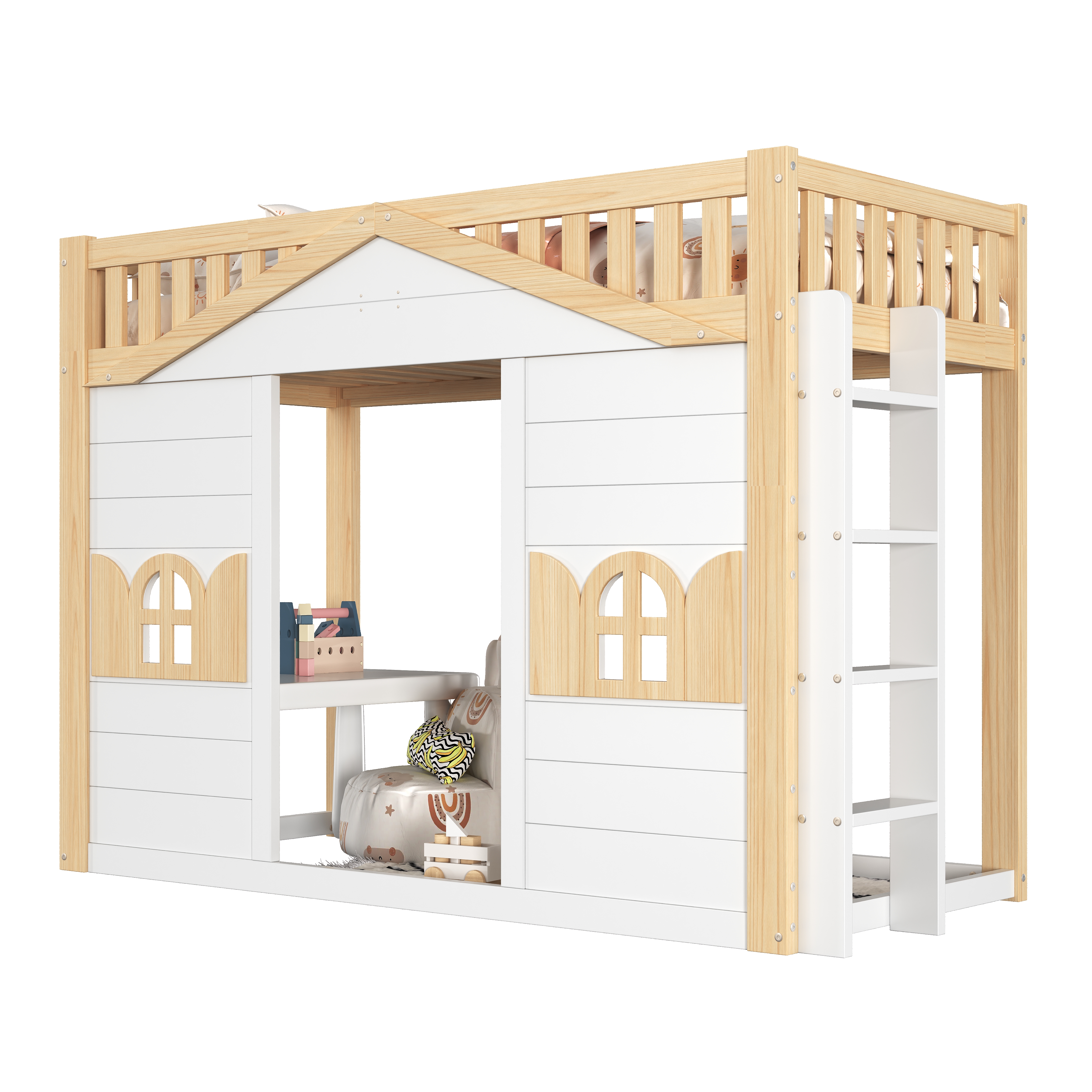 Détails de Lit superposé en bois 90 x 200 cm avec rangements et toit cabane, Blanc, sans matelas