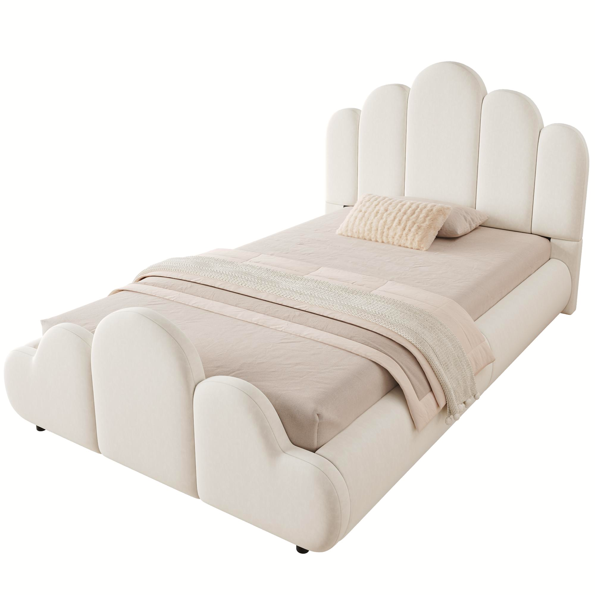 Détails de Lit rembourré en velours 90 x 200 cm avec angles arrondis et sommier à lattes, Beige, sans matelas