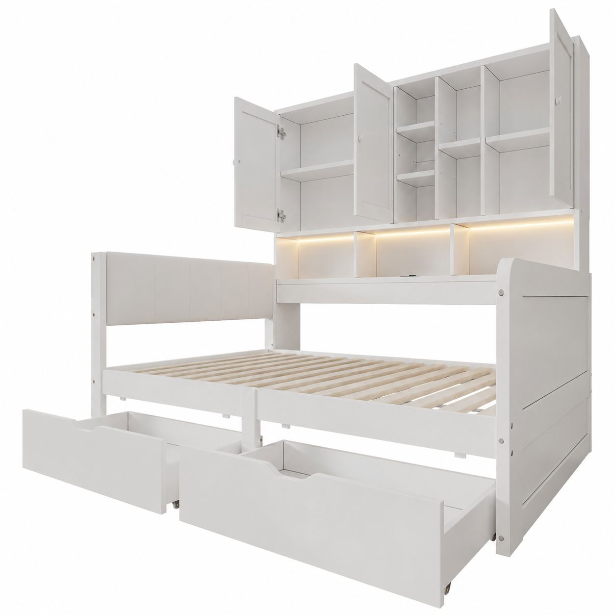 Lit gigogne 90 x 200 cm avec toboggan, LED, ports de charge, rangements, MDF, Blanc - dimensions et détails
