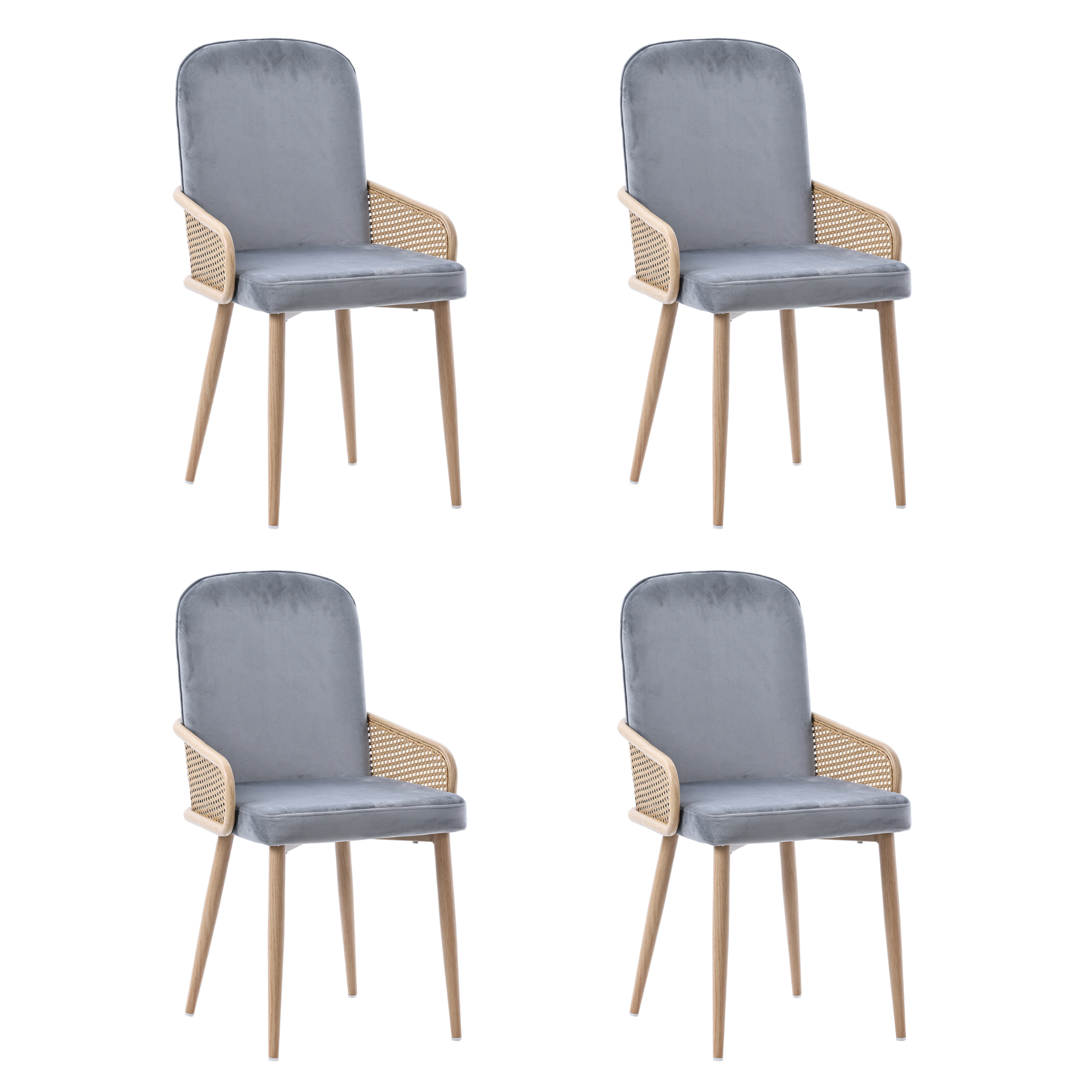 Chaise de salle à manger, lot de 4, détails en rotin, métal et velours, gris - vue 3
