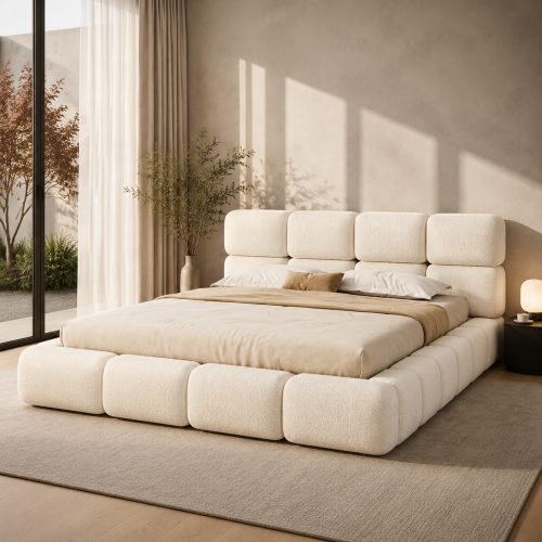 Design arrondi du lit coffre en bouclé blanc