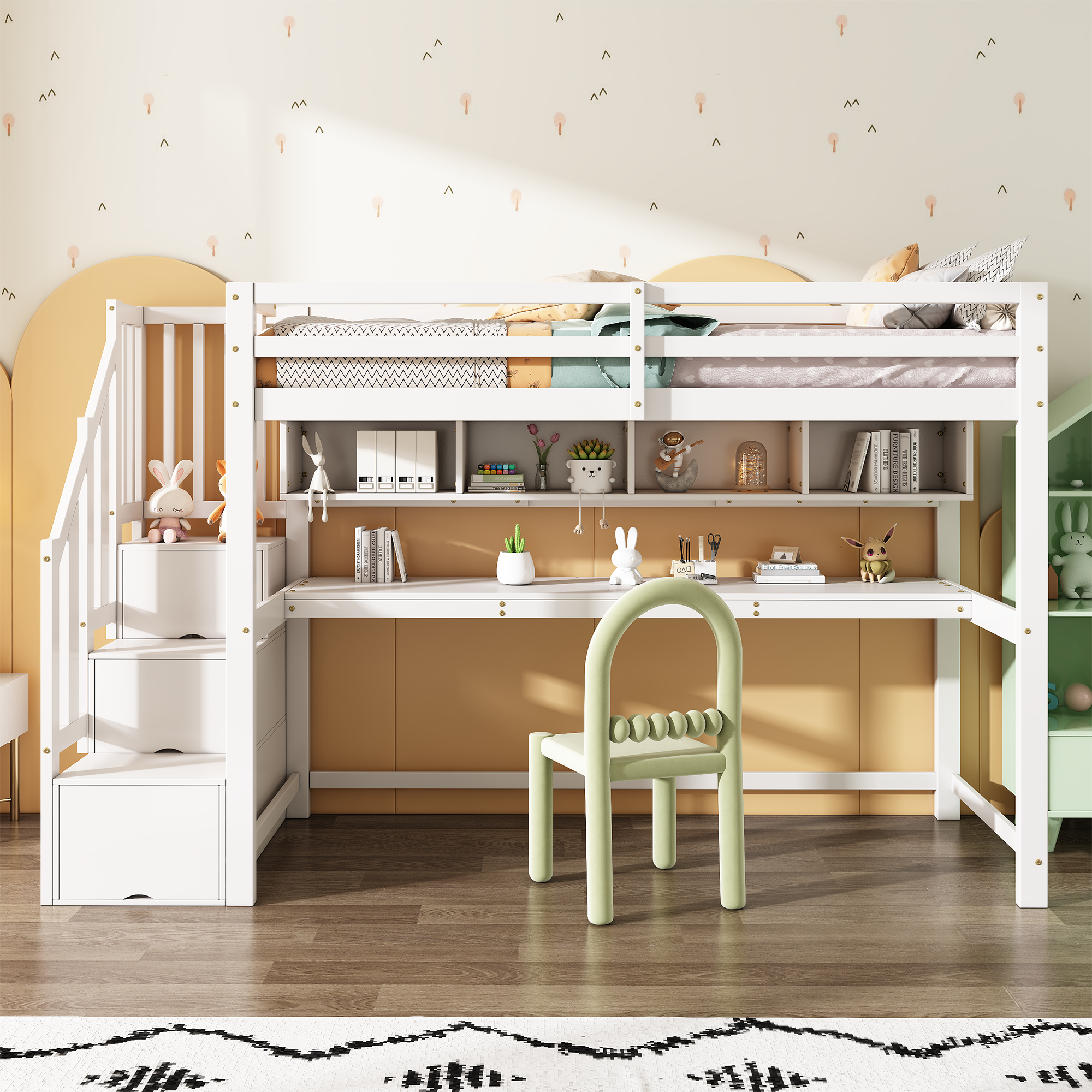 Lit mezzanine 90x200 blanc bois massif bureau rangement