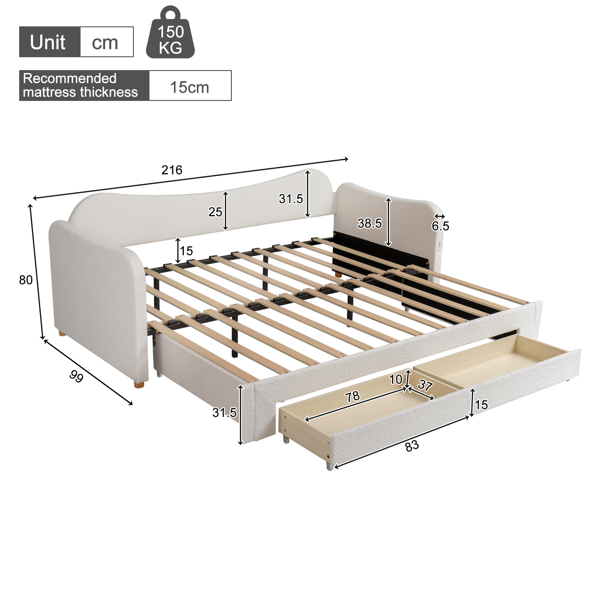 Dimensions lit jour extensible beige boucle