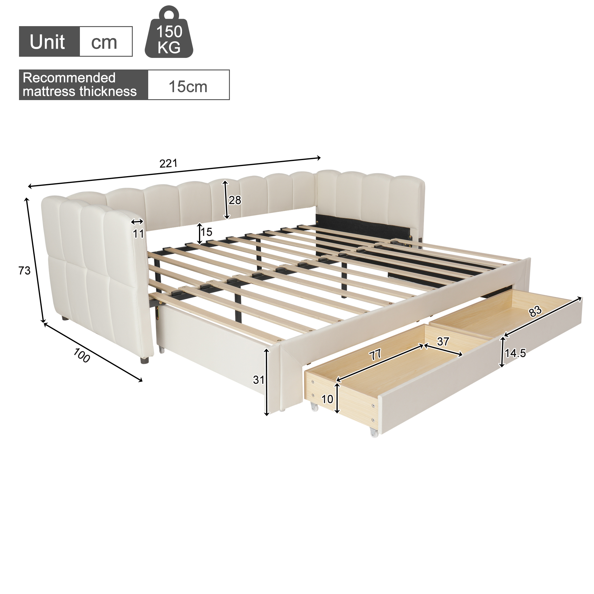 Vue d'ensemble de la banquette-lit beige