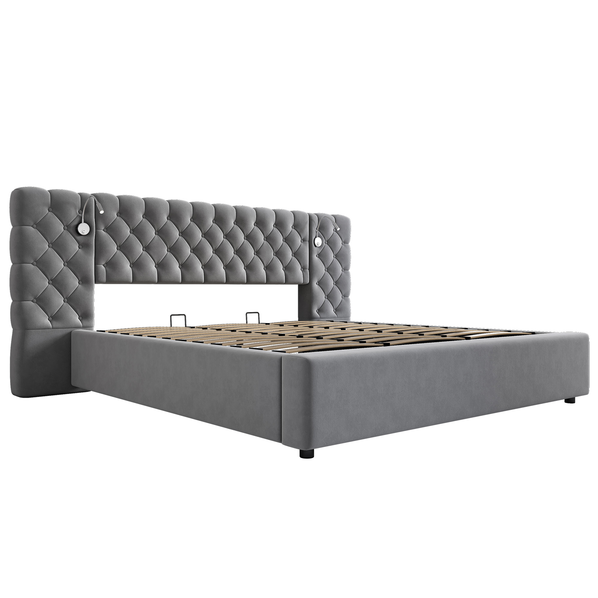 Présentation de Lit coffre rembourré en velours 180 x 200 cm avec rangement hydraulique, LED, lampe de lecture et sommier à lattes, Gris, sans matelas