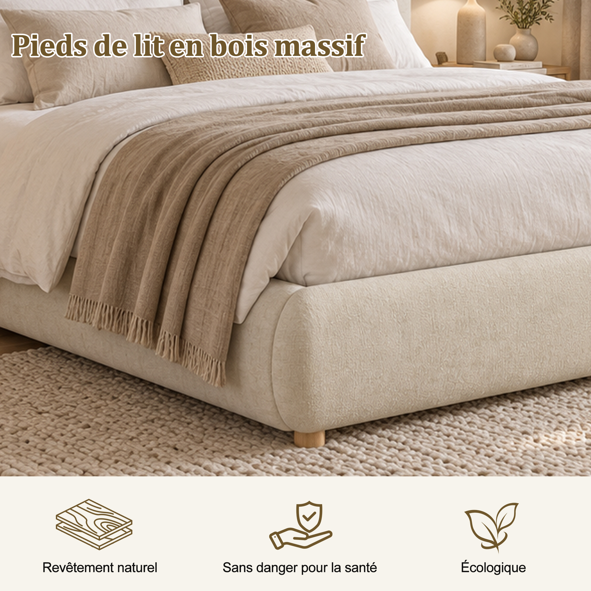 Détails du lit rembourré beige en chenille