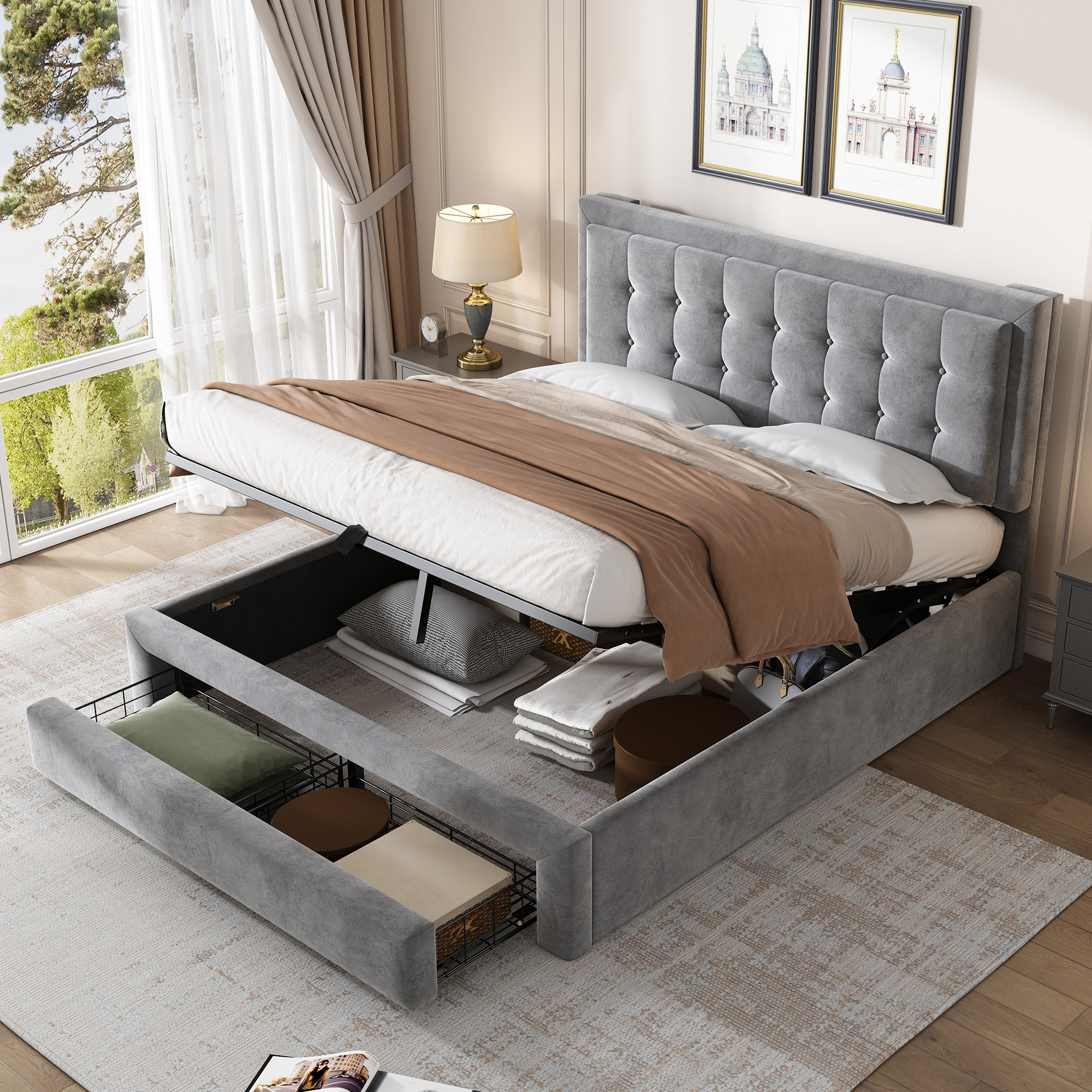 Bett mit Kasten und Schubladen, Samtstoff, Polster