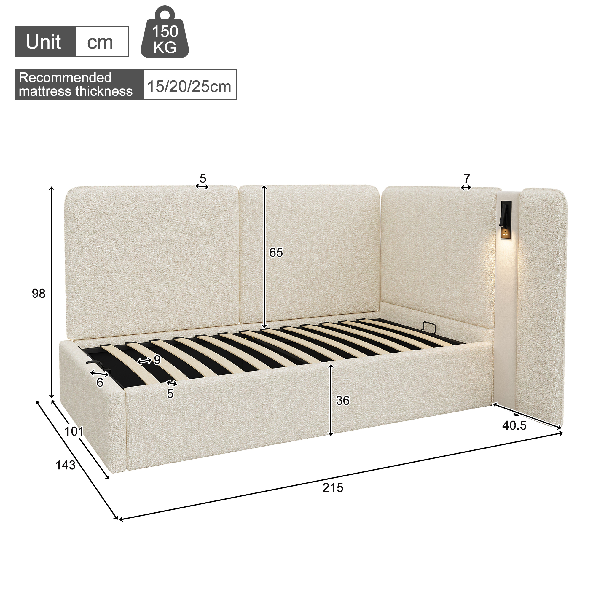 Dimensions lit jour 90x200 beige boucle