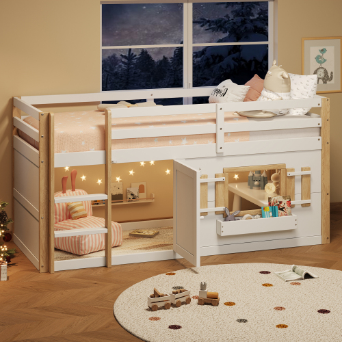 Coin jeux et rangement sous le lit mezzanine blanc
