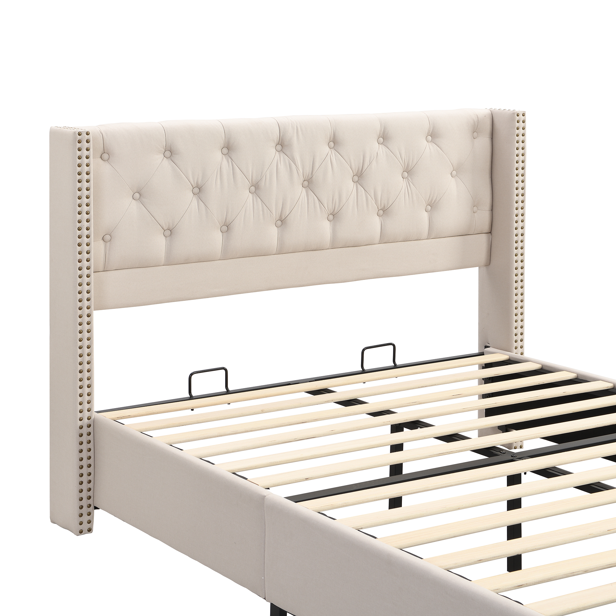 Présentation de Lit rembourré en lin 140 x 190 cm avec sommier à lattes, Beige, sans matelas