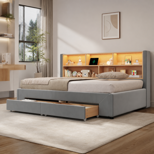 Rangements ouverts intégrés au lit banquette gris