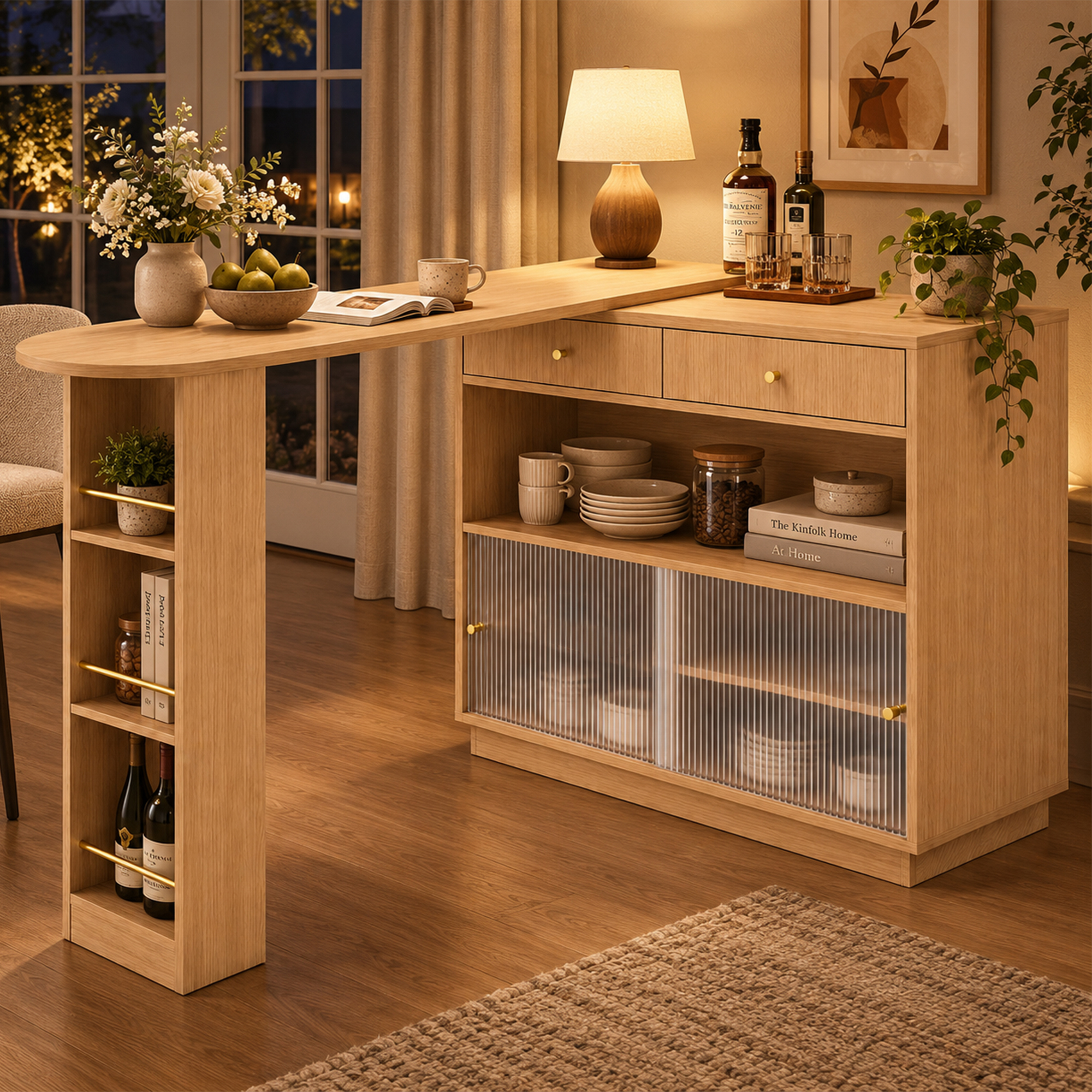 Îlot de cuisine, rotation à 360°, éclairage LED, 120 x 30 x 100 cm, panneaux de particules, chêne - vue 2