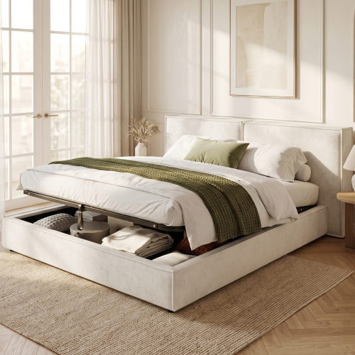 Lit coffre beige en chenille avec rangement hydraulique