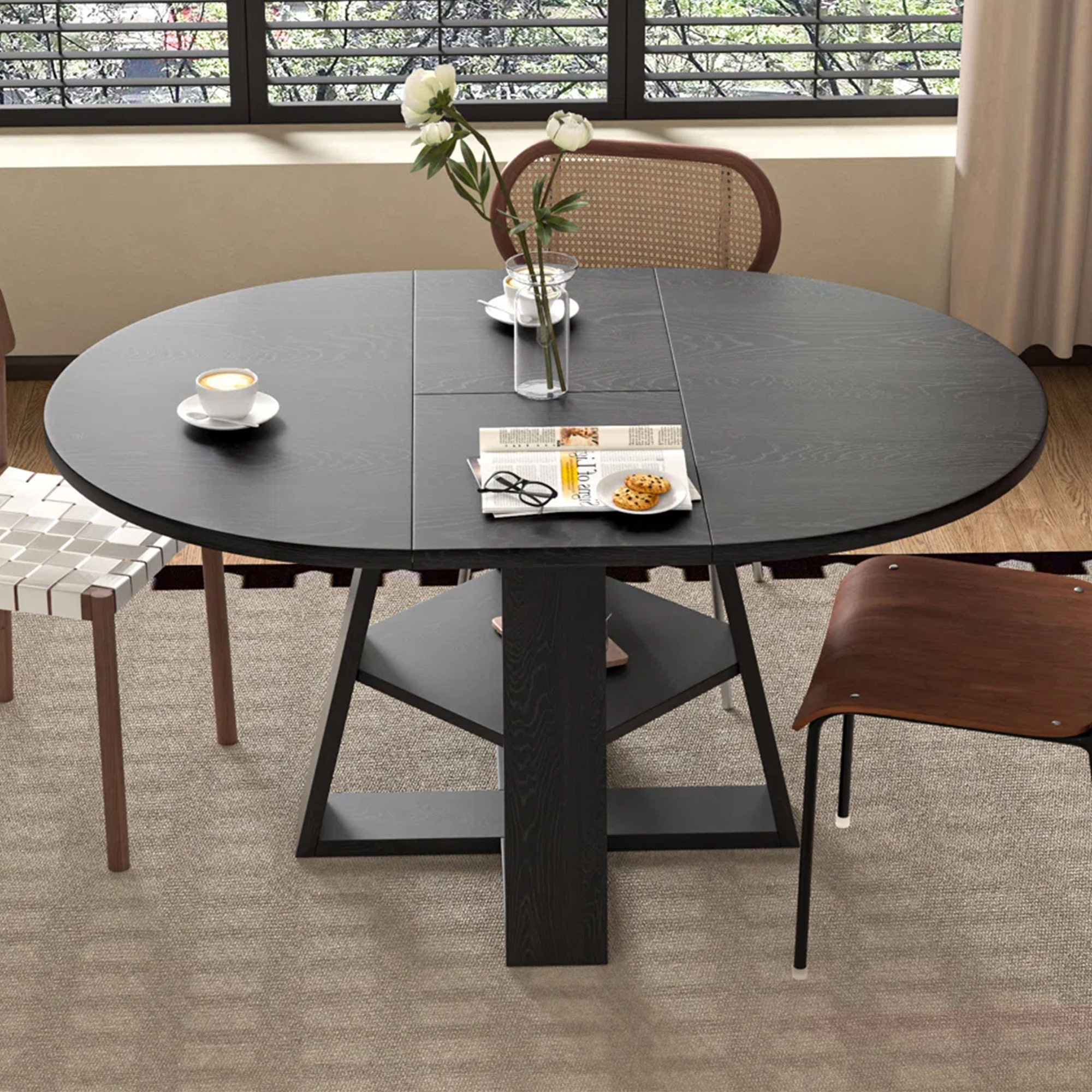 Table à manger, rond, 150 x 110 x 75 cm, bois, noir - vue 2