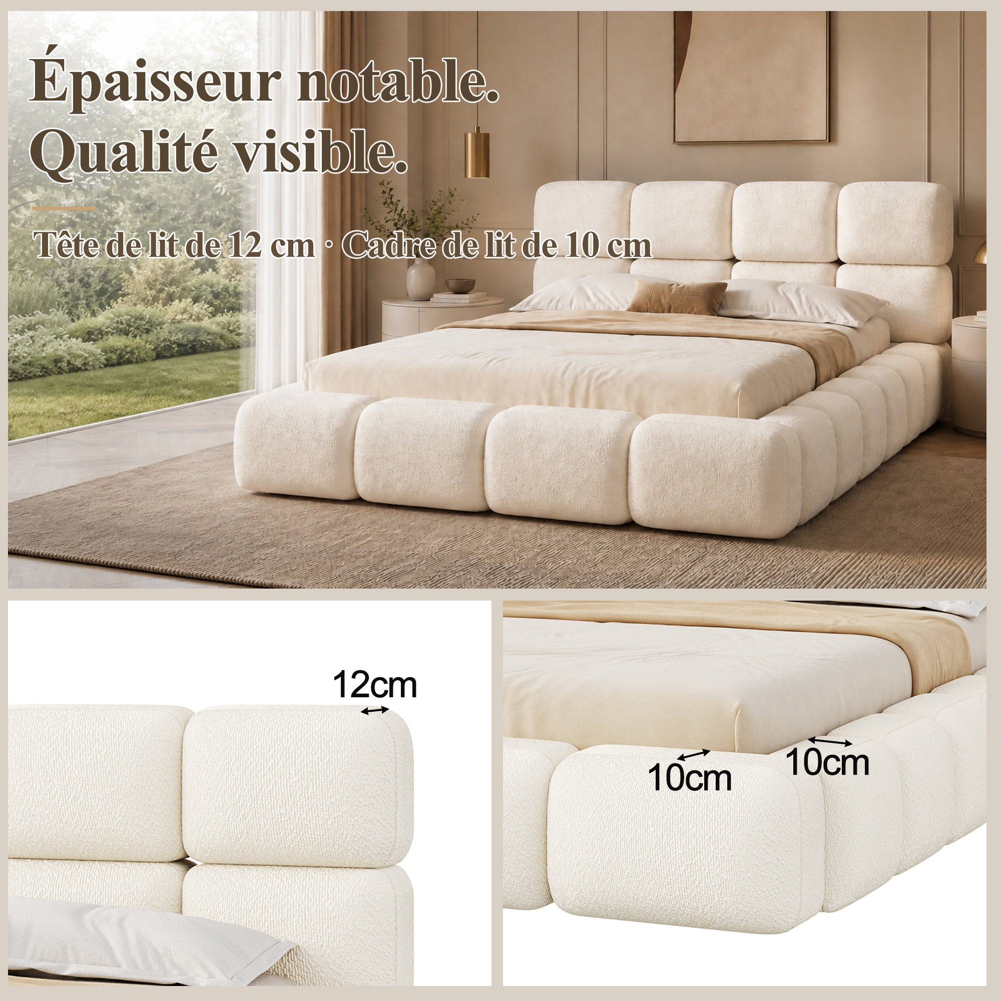 Lit coffre rembourré en bouclé 180 x 200 cm, rangement hydraulique, sommier à lattes, tête de lit épaisse, Blanc - dimensions et spécifications
