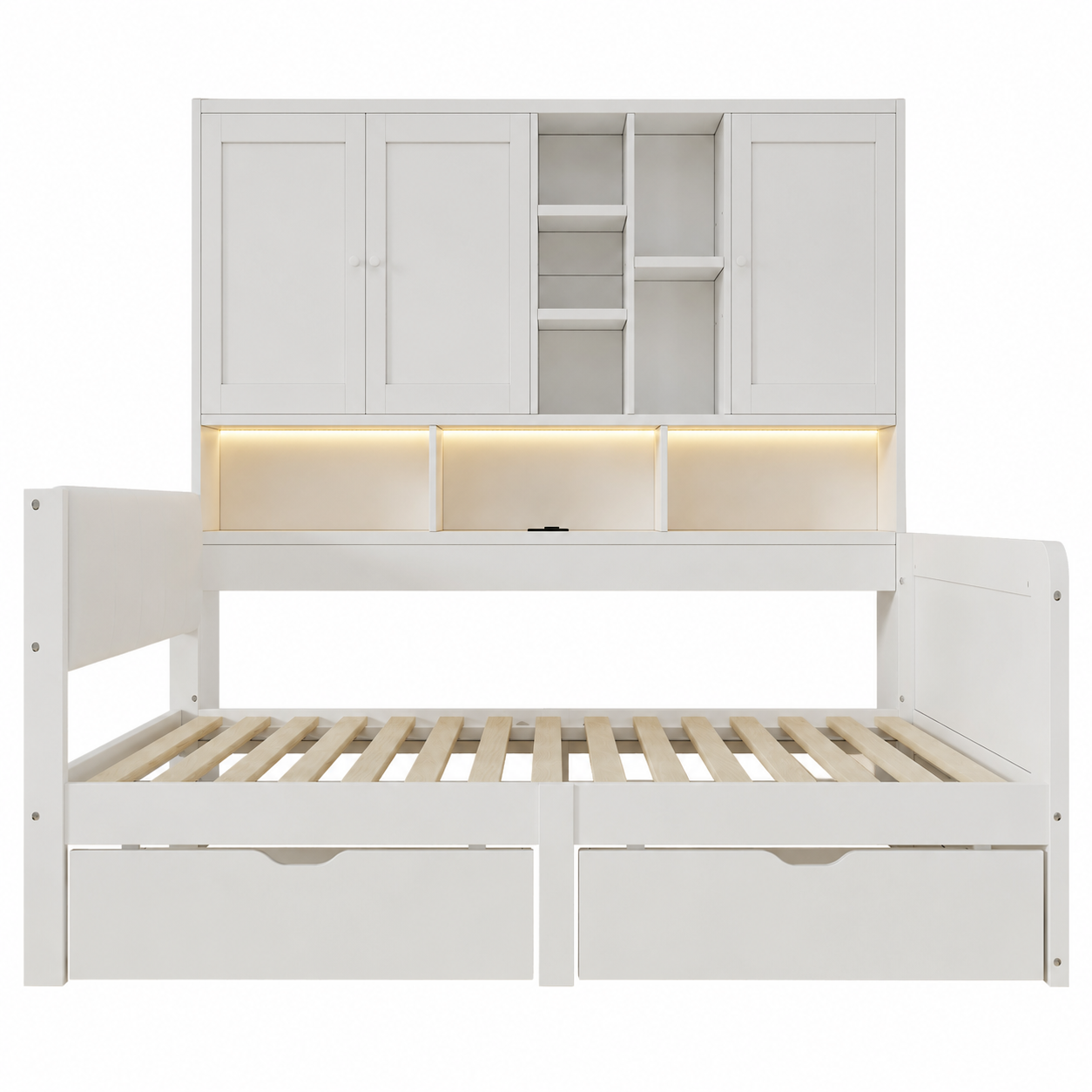 Lit gigogne 90 x 200 cm avec toboggan, LED, ports de charge, rangements, MDF, Blanc - vue complémentaire