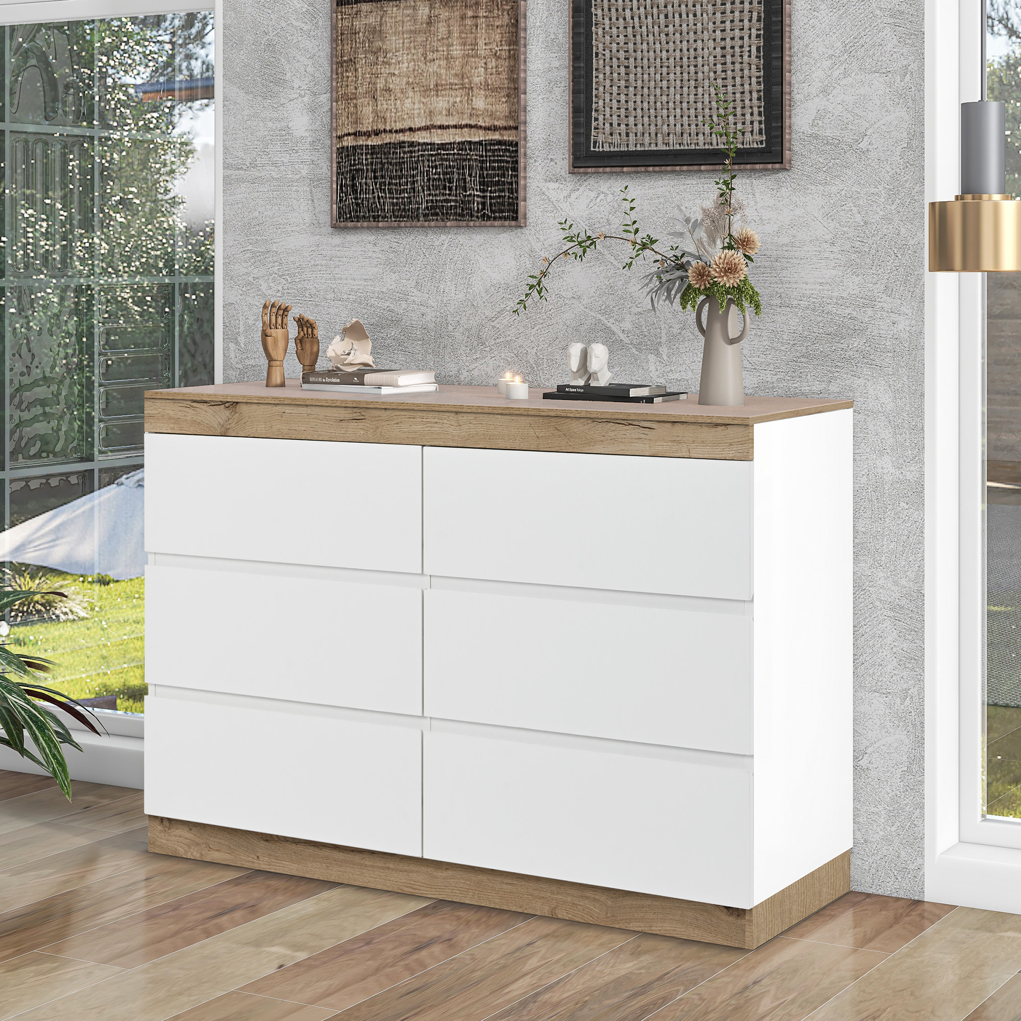 Commode, 6 tiroirs, 110 x 40 x 67,5 cm, panneaux de particules, blanc et chêne - vue 3
