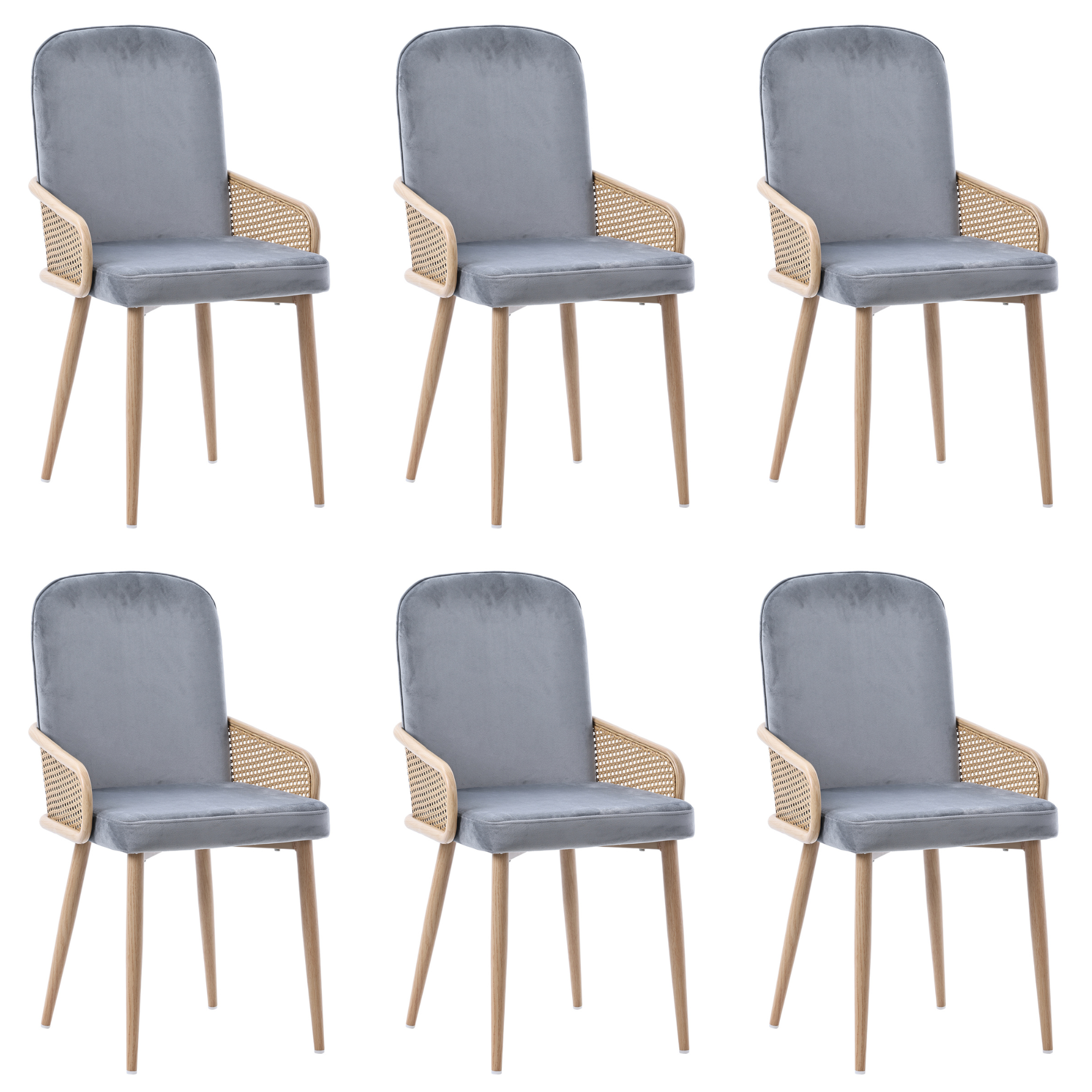 Chaise de salle à manger, lot de 6, détails en rotin, métal et velours, gris - vue 1