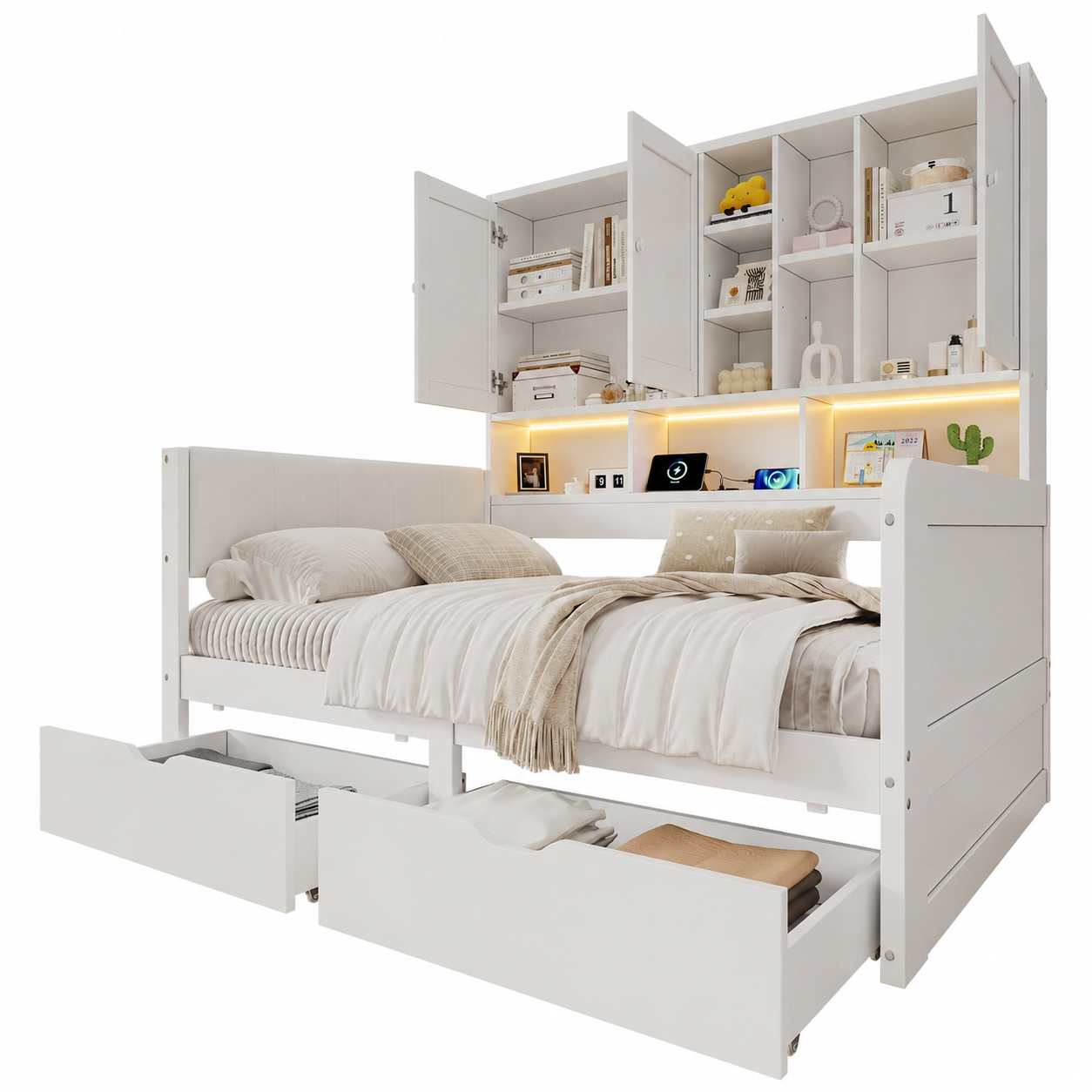 Lit gigogne 90 x 200 cm avec toboggan, LED, ports de charge, rangements, MDF, Blanc - fonctions