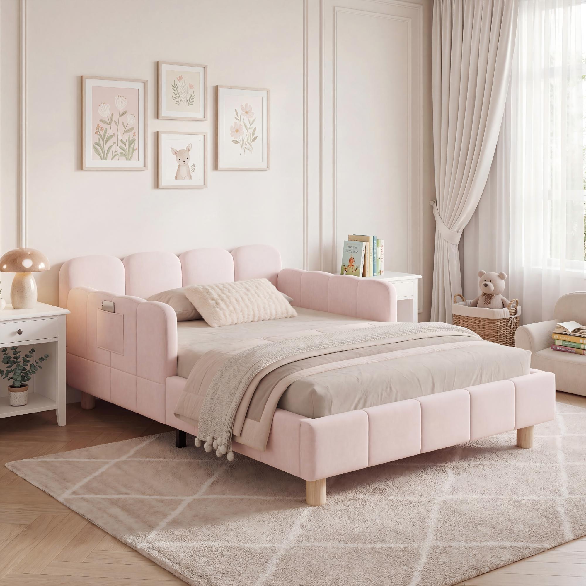 Lit enfant, assise rembourrée, tête de lit, 90 x 200 cm, bois massif, rose - vue 6