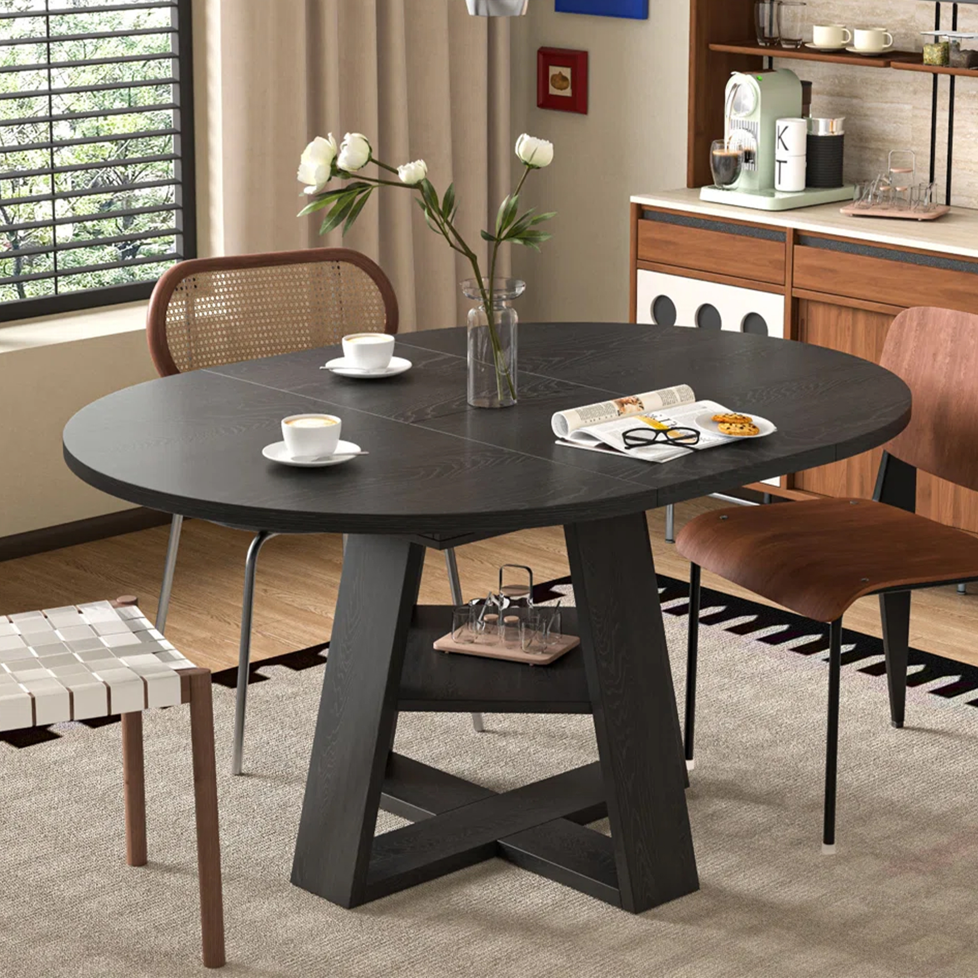 Table à manger, rond, 150 x 110 x 75 cm, bois, noir - vue 1